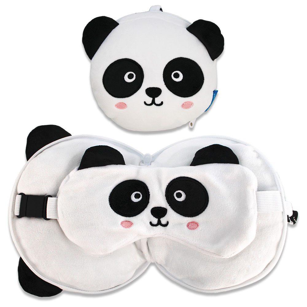 BEMIRO Tierkuscheltier Schlafmaske Panda mit Reisekissen - ca. 16 cm