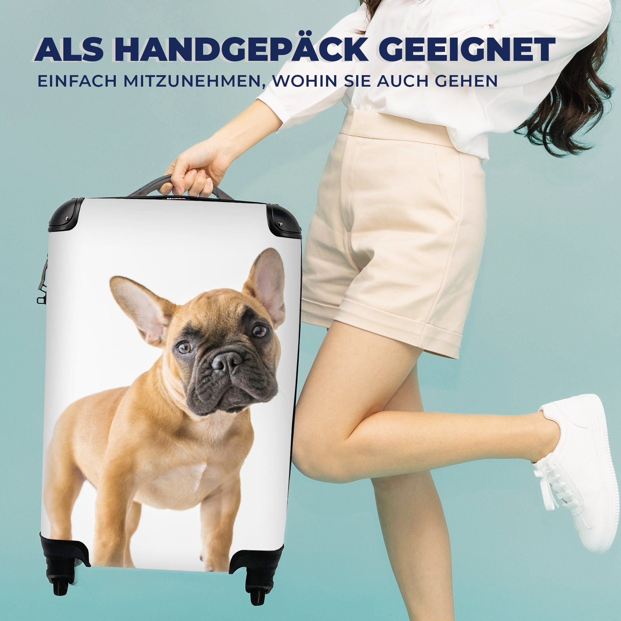 MuchoWow Handgepäckkoffer Französische Bulldogge - - 4 Handgepäck Ferien, rollen, mit Weiß, Rollen, Reisetasche Braun Reisekoffer für Trolley