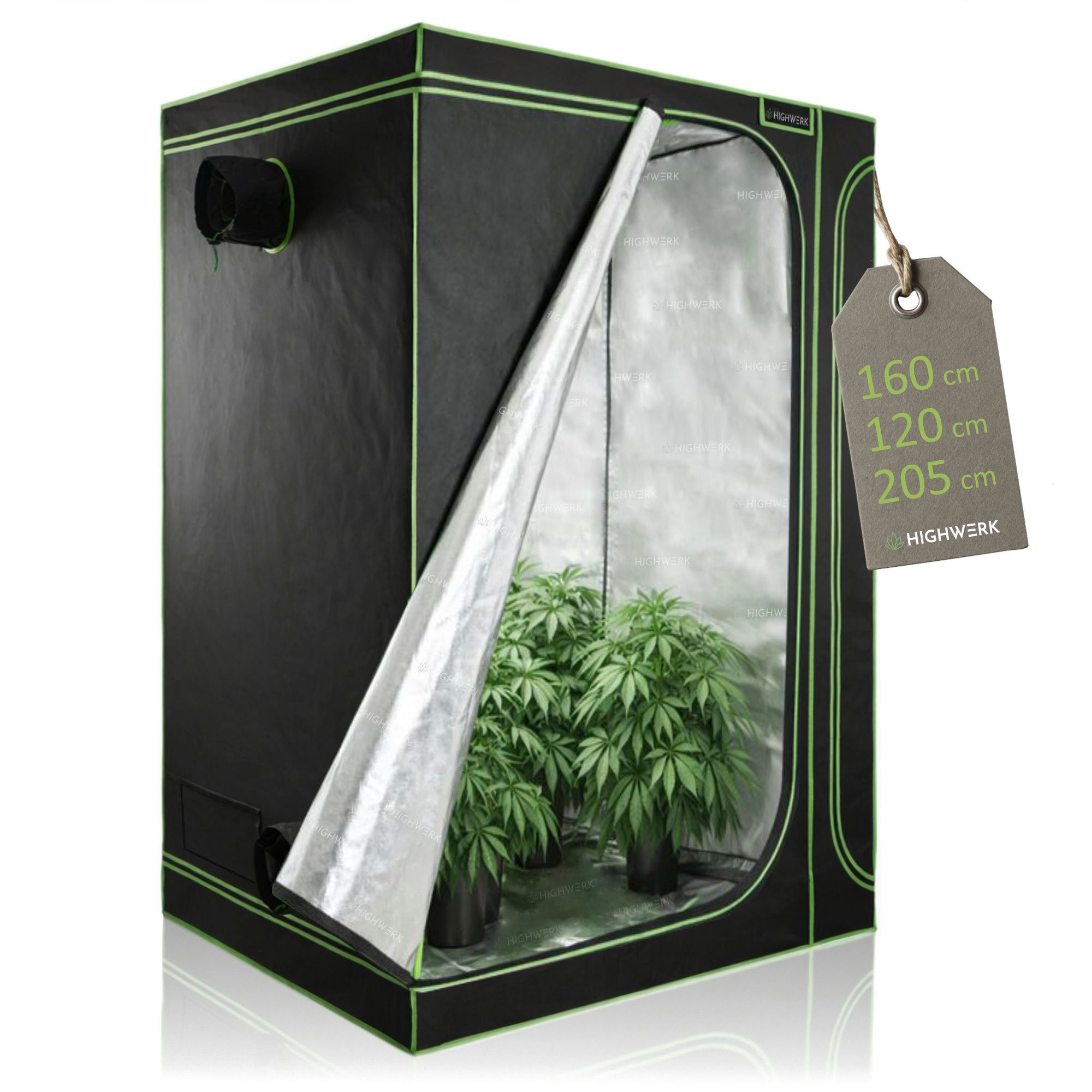 HIGHWERK Gewächshaus Grow Tent 160 x 120 x 205 cm schwarz/grün Pflanzenzucht Indoor