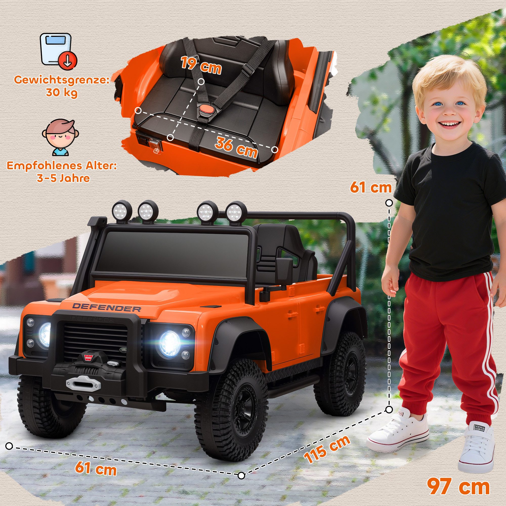 AIYAPLAY Elektro-Kinderauto Land Rover Defender 110 SVX 12V 7Ah mit Fernbedienung, 2 Motor, Belastbarkeit 30 kg, (1-tlg), für Kinder 3-5 Jahre Orange