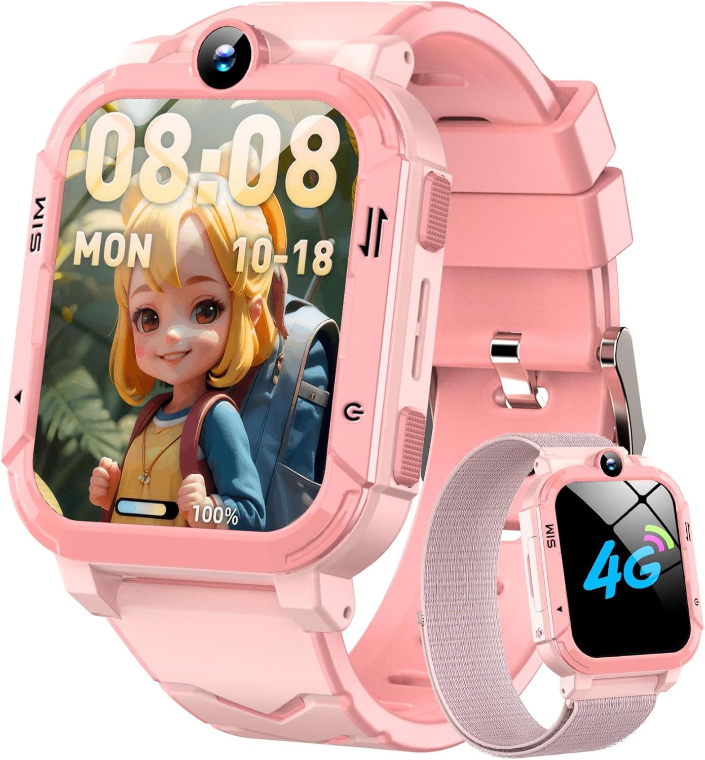 blackview 4G Kinder-Smartwatch–Videoanruf, SOS, 8 MP Kamera, 800 mAh Akku & GPS Smartwatch (1.83 Zoll, IOS/Android), mit Wechselband aus weichemGeflochtenes und Ladekabel, GPS+WLAN+LBS Ortung, 800 mAh, Schulmodus,Mit SIM-Kartensteckplatz,IP67