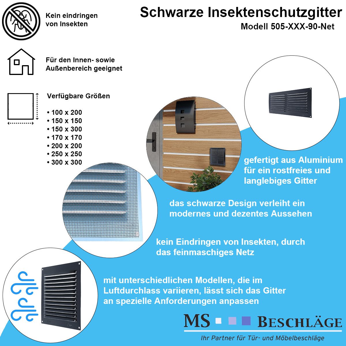 MS Beschläge Lüftungsgitter Alu-Insektenschutzgitter Schwarz Zu- Abluftgitter – Bild 4 von 5