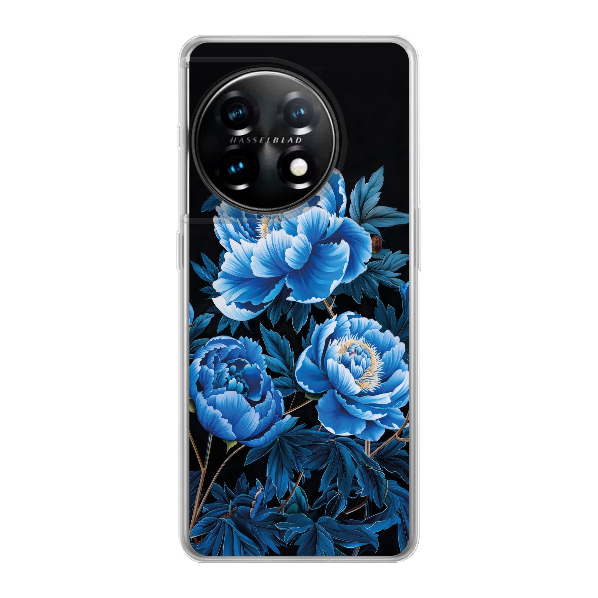 MuchoWow Handyhülle für OnePlus 11 Blumen - Schwarz - Blau - Modern, Handy Case, Silikon, Bumper Case Dünn