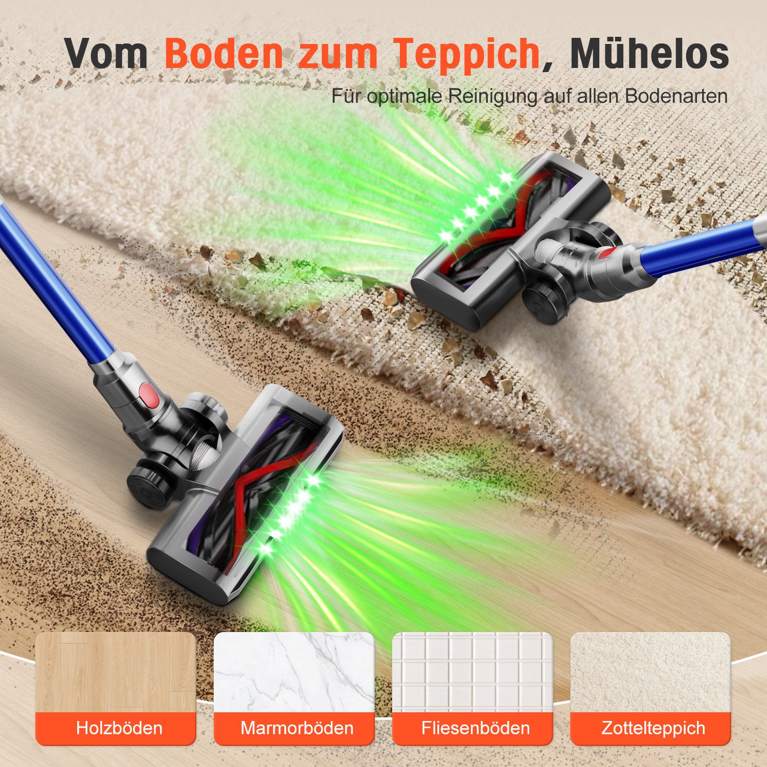 Adormii Akku-Hand-und Stielstaubsauger Akku staubsauger 80000Pa/70Min, Staubsauger Kabellos HEPA*4, 8-stufiges Filtersystem,LED und V-förmige Anti-Tangle-Bürste, Smartes LED-Display,50dB leise,für Teppich,Hartböden&Tierhaare