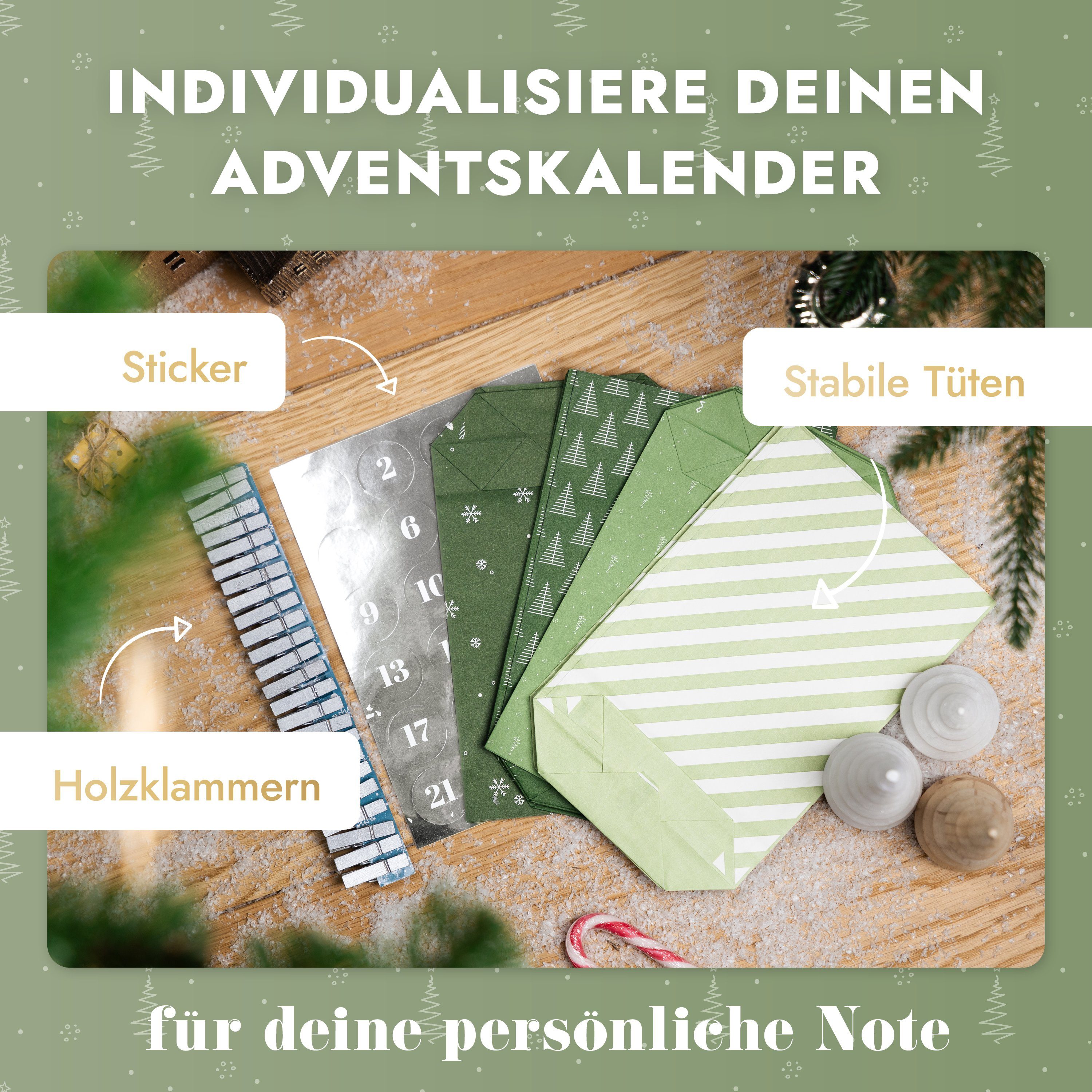 AMARI® Amari Adventskalender Green Adventskalender mit Midnight 005 zum Befüllen Tüten Holzklammern befüllbarer