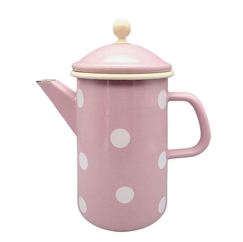 Linoows Kanne Emaille Kaffeekanne, Deckelkanne, Henkelkanne, 1,6 l, (Set), Nostalgie Kaffeekanne Rosa mit weißen Tupfen 1,6 Liter