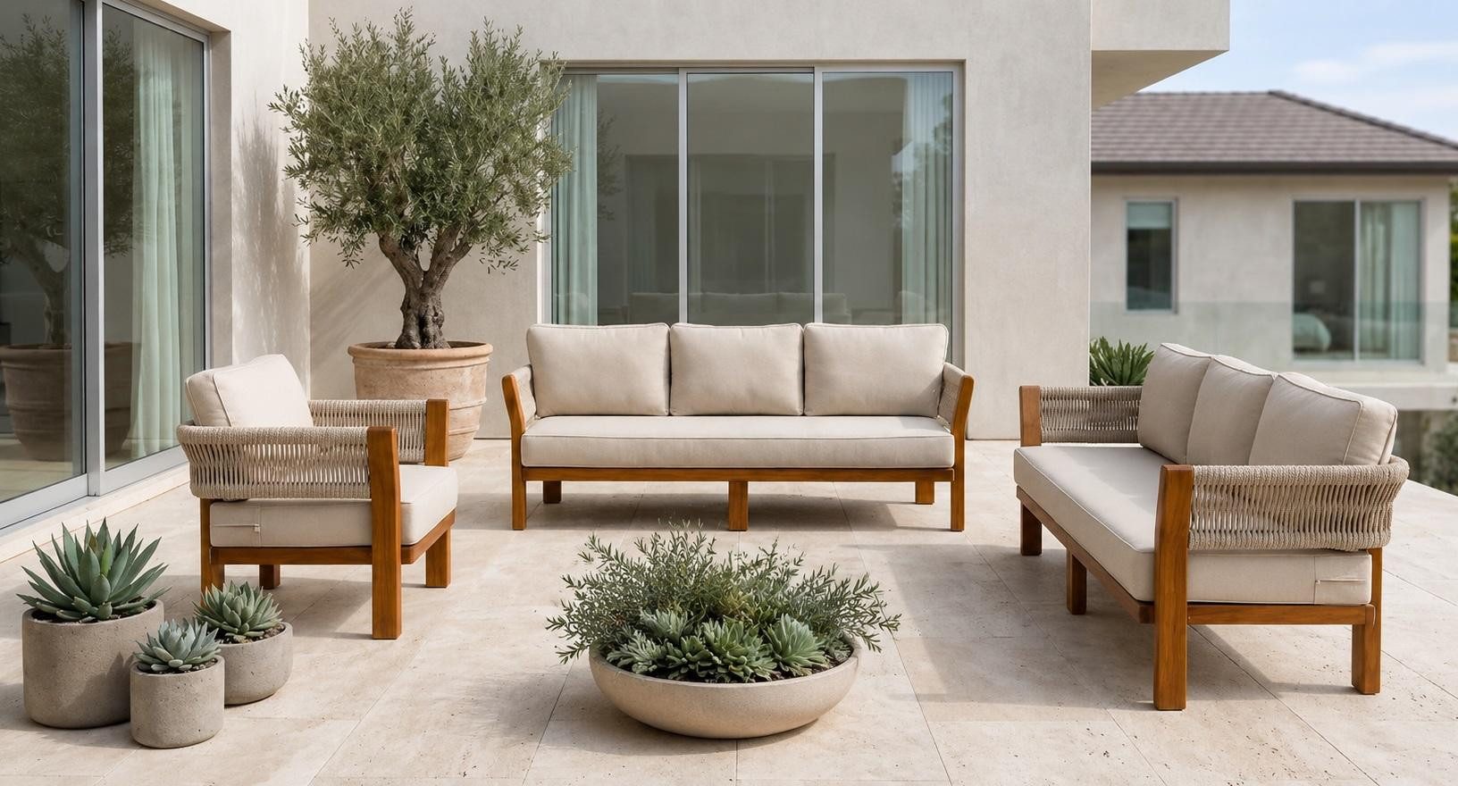 JVmoebel Gartenlounge-Set Gartenlounge Set 3Sitzer Sofa Sessel Beige Elegant Komfortabel Modern, (3-tlg., 3-tlg)