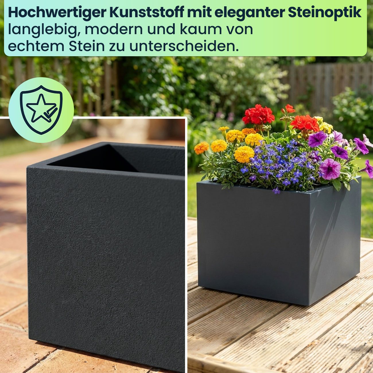 Prosperplast Blumentopf Pflanzkasten Anthrazit 38cm, 25L Blumentopf, quadratisch, frostsicher (1 St., 1er-Set & 2er-Set & 3er-Set), Quadratischer 25L Kunststoff-Pflanzkübel mit UV-Schutz & Wasserauslass