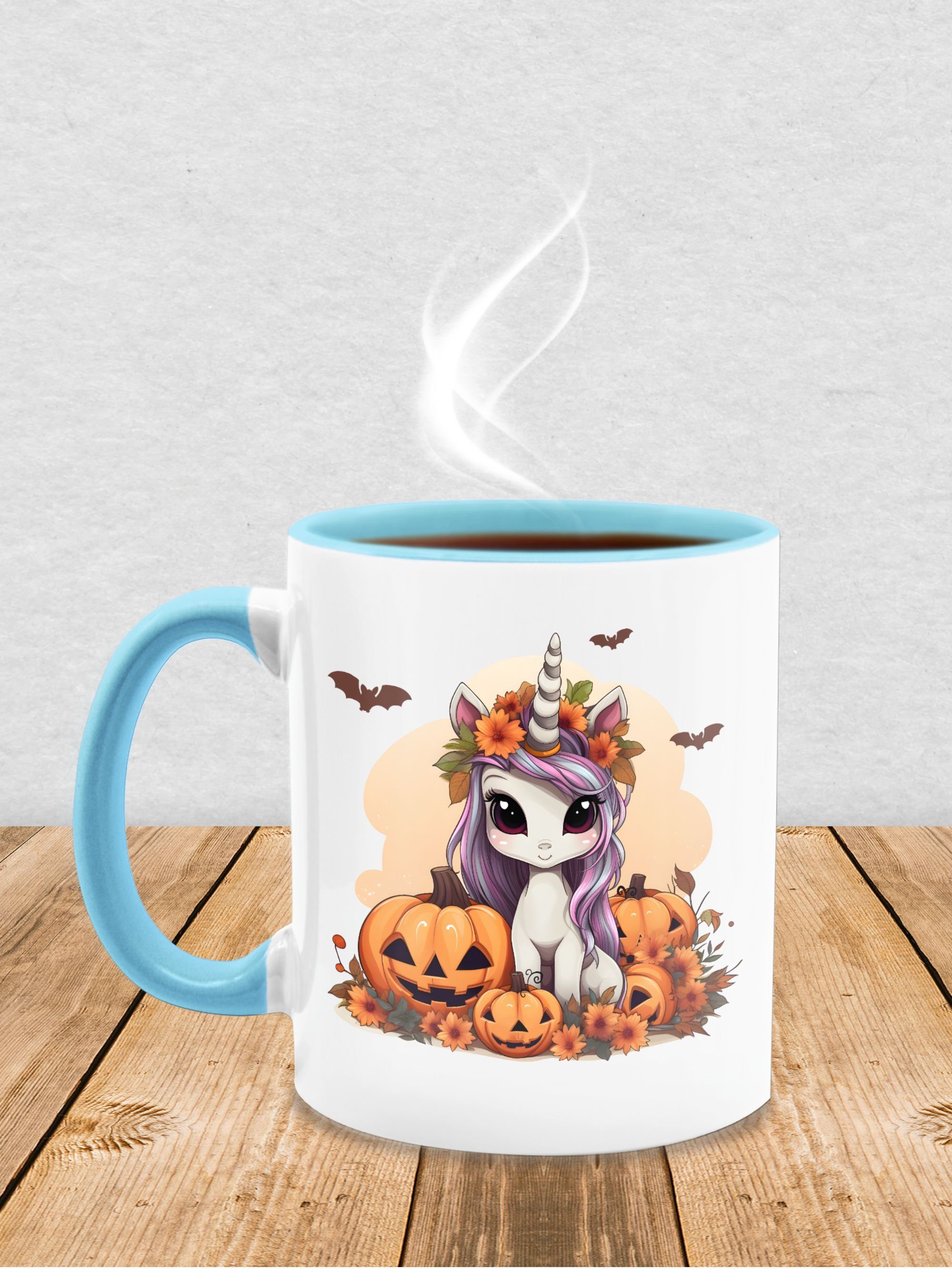 Halloween Halloween Tasse Unicorn Kürbis, Keramik, Einhorn 1 Süßes Shirtracer Hellblau Tassen