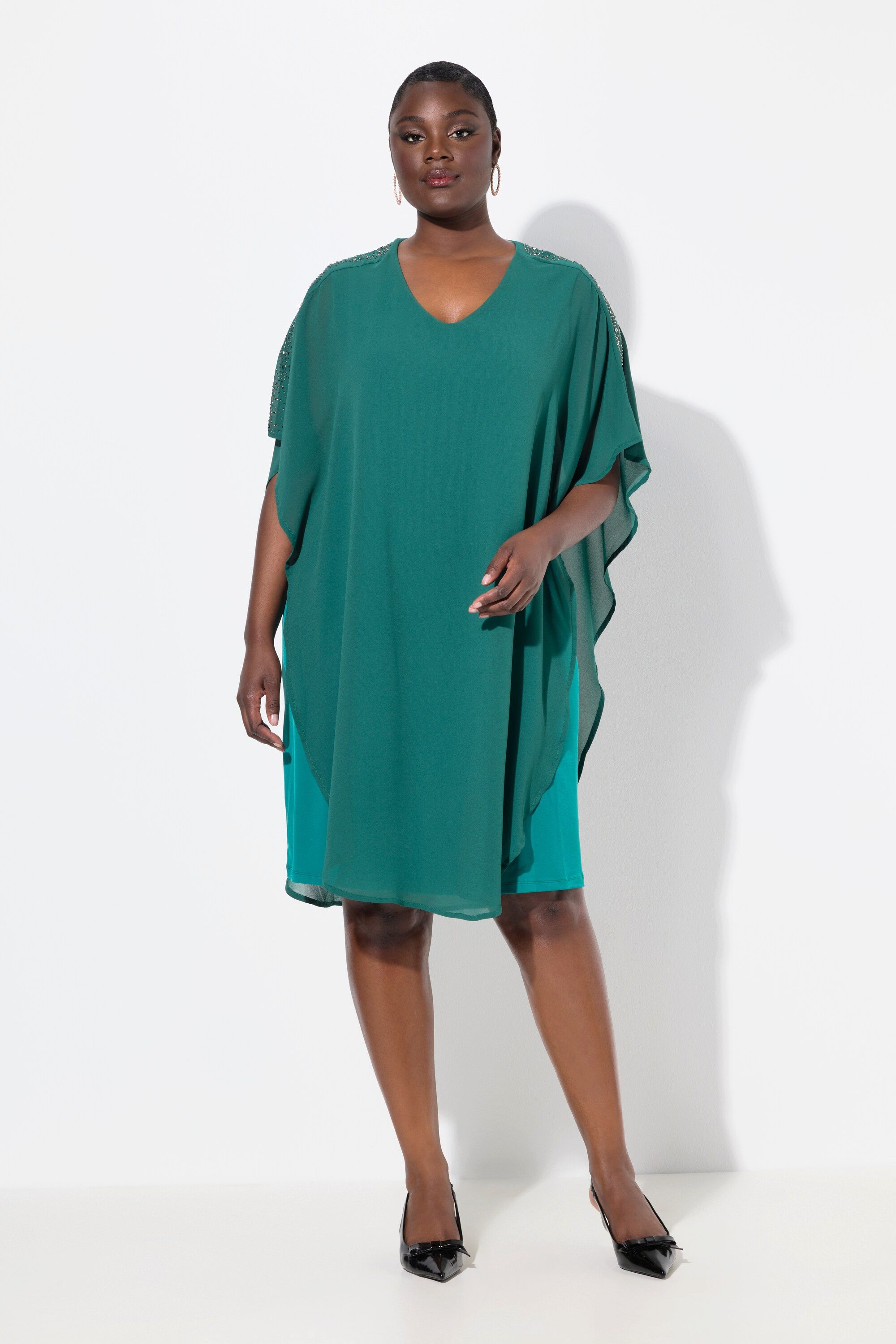 Ulla Popken Cocktailkleid Chiffonkleid doppellagig V-Ausschnitt günstig online kaufen