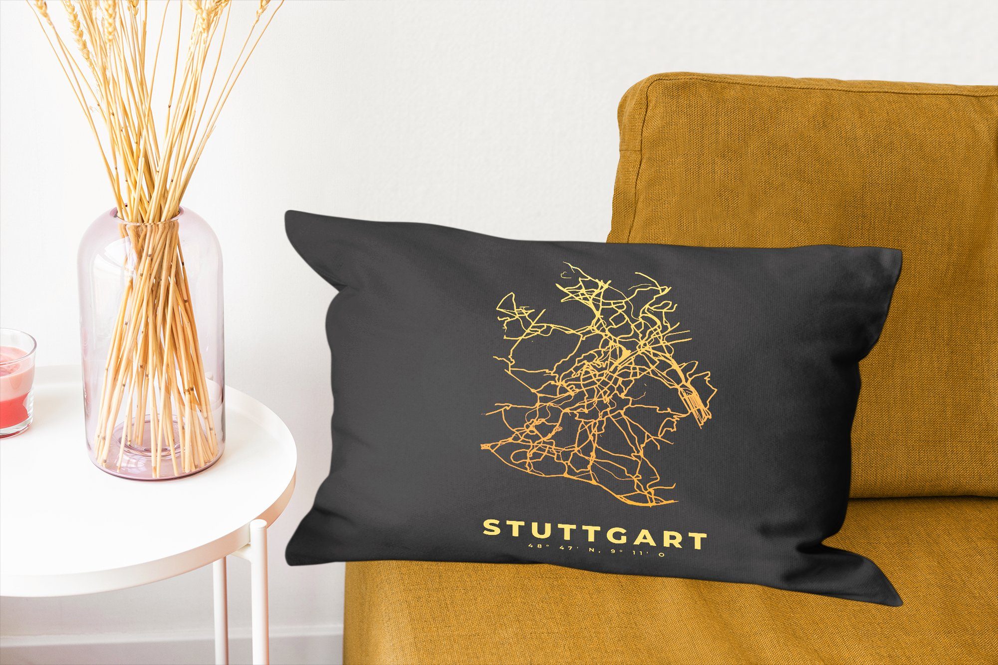 MuchoWow Dekokissen Stuttgart - Schwarz-Gold Schlafzimmer Wohzimmer Stadtplan, Karte Dekoration, mit Füllung, - Zierkissen, Dekokissen 