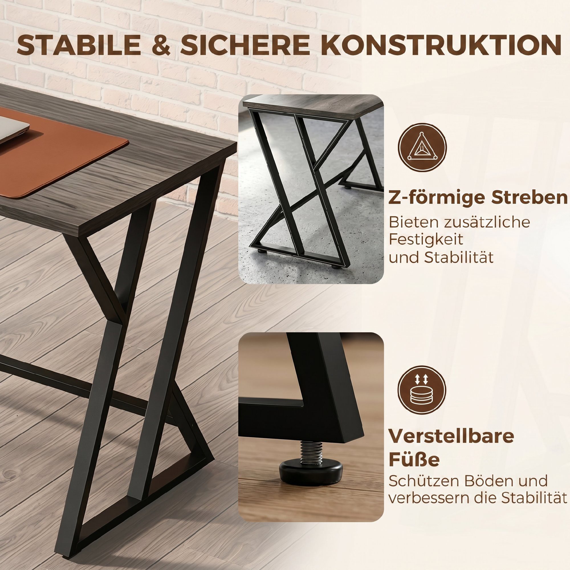 HOMCOM Schreibtisch Computertisch 120x60cm mit Z-förmigem Metallfuß, Holzoptik (Bürotisch, 1-St., PC Tisch), Industriedesign, große Arbeitsfläche, stabil – Bild 5 von 5