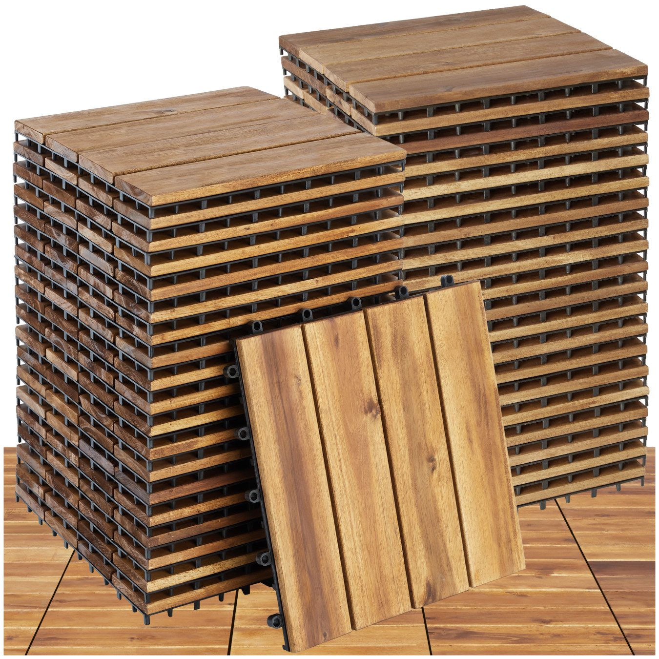 tectake Terrassendielen Terrassenfliesen 40er Set mit Klicksystem, 31 x 31 x 2,2 cm, 3,844 m², BxL: je 31,00x31,00 cm, (Terrassenplatten Außenbereich Tabula, 40-St., in braun), massives Akazienholz, mit Drainage, wetterfest und langlebig