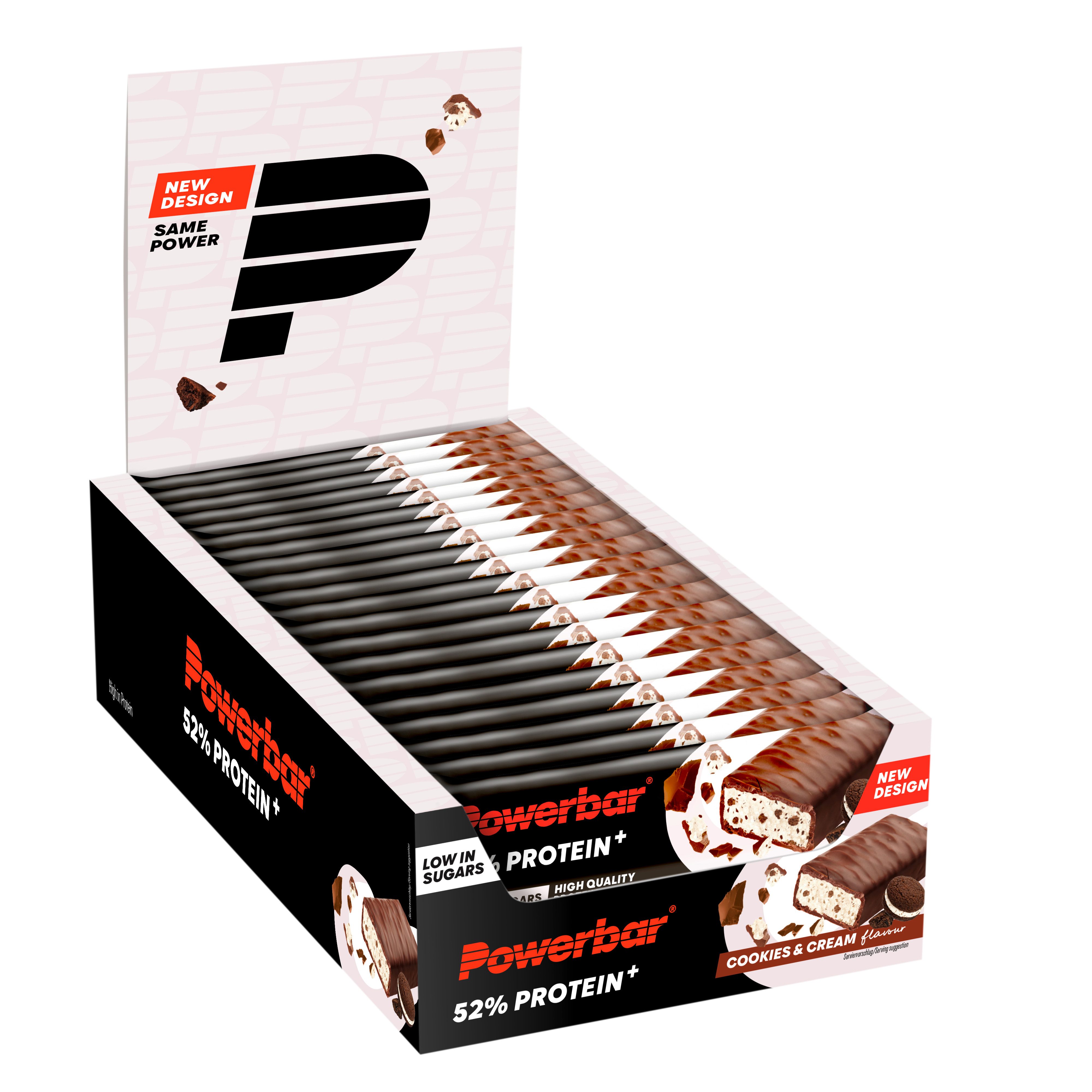 PowerBar 52% Protein Plus Cookies&Cream 20x50g High Protein Low Sugar Riegel Riegel, 20 er Display à 20 St., 1000 g, 26g Eiweiß pro Riegel