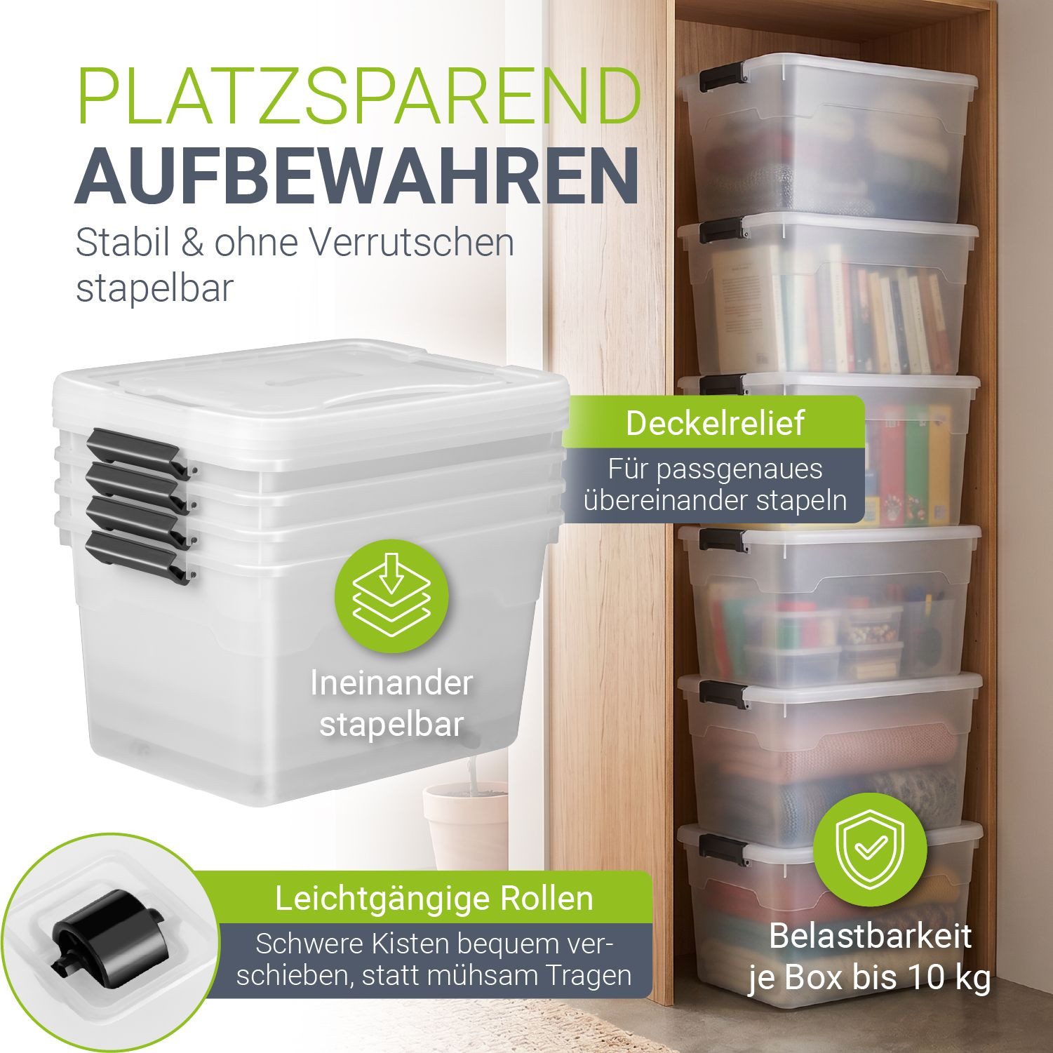 Juskys Aufbewahrungsbox (4 St), mit Rollen, stabil, verschließbar und pflegeleicht