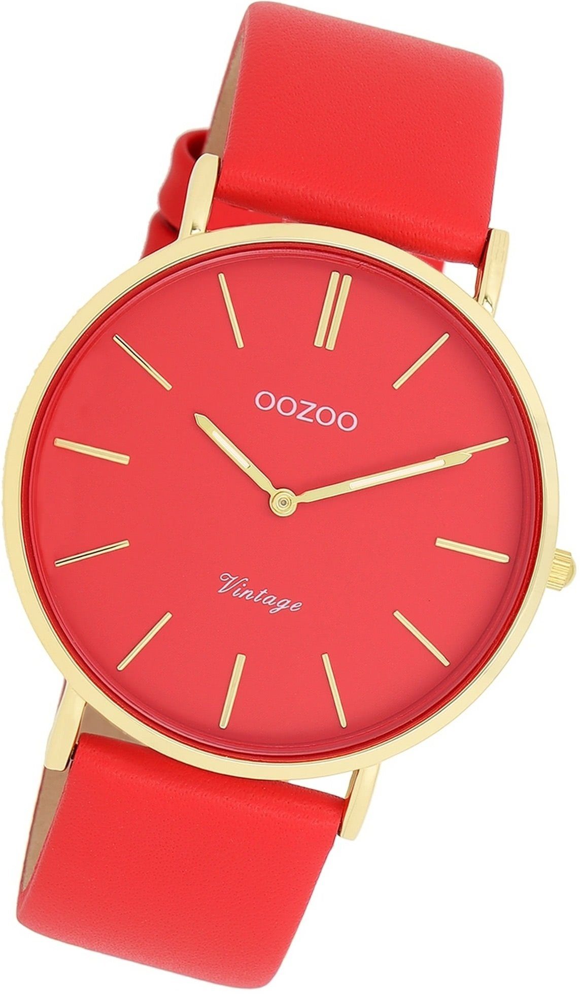 40mm) OOZOO Vintage rundes orange, Quarzuhr rot, Damenuhr Gehäuse, groß Lederarmband Damen Analog, Armbanduhr (ca. Oozoo