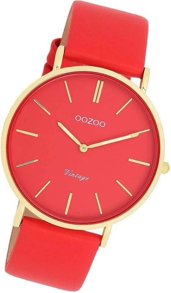 OOZOO Quarzuhr Oozoo Damen Armbanduhr Vintage Analog, Damenuhr Lederarmband  orange, rot, rundes Gehäuse, groß (ca. 40mm)
