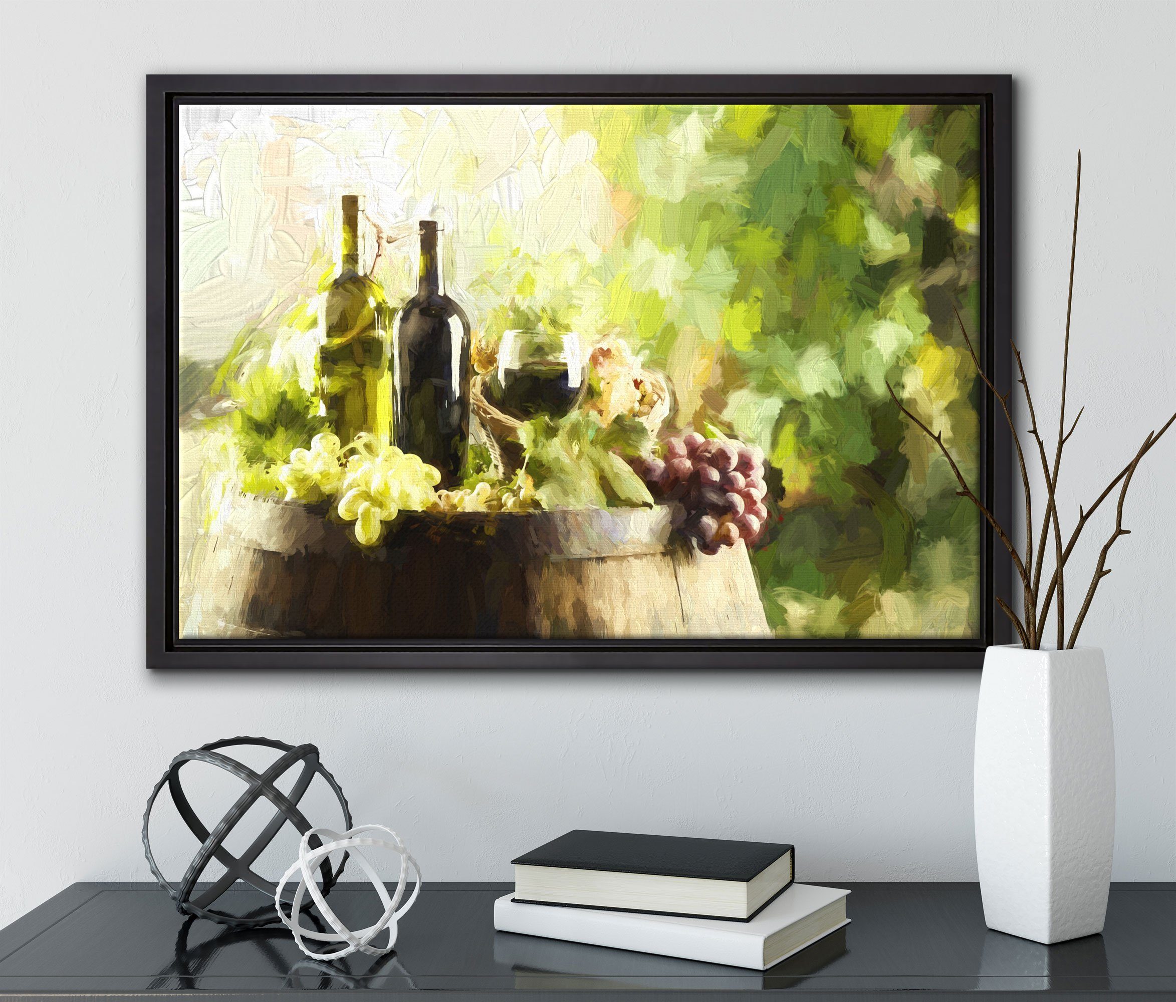 (1 Wanddekoration in gefasst, Wein Weintrauben Pixxprint Leinwandbild einem Fass, Zackenaufhänger fertig auf mit bespannt, Schattenfugen-Bilderrahmen St), Leinwandbild inkl.