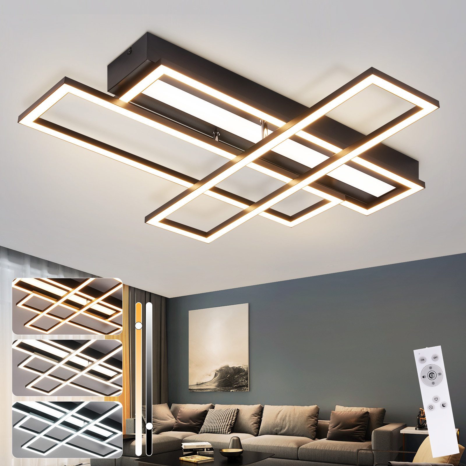 ZMH LED Deckenleuchte dimmbar, moderne Deckenlampe mit Fernbedienung, CCT-Farbwechsel, dimmbar, Nachtlicht, Timer-Funktion, LED fest integriert, warmweiß / neutralweiß / kaltweiß, CCT 3000-6500 K, 54 W, rechteckig