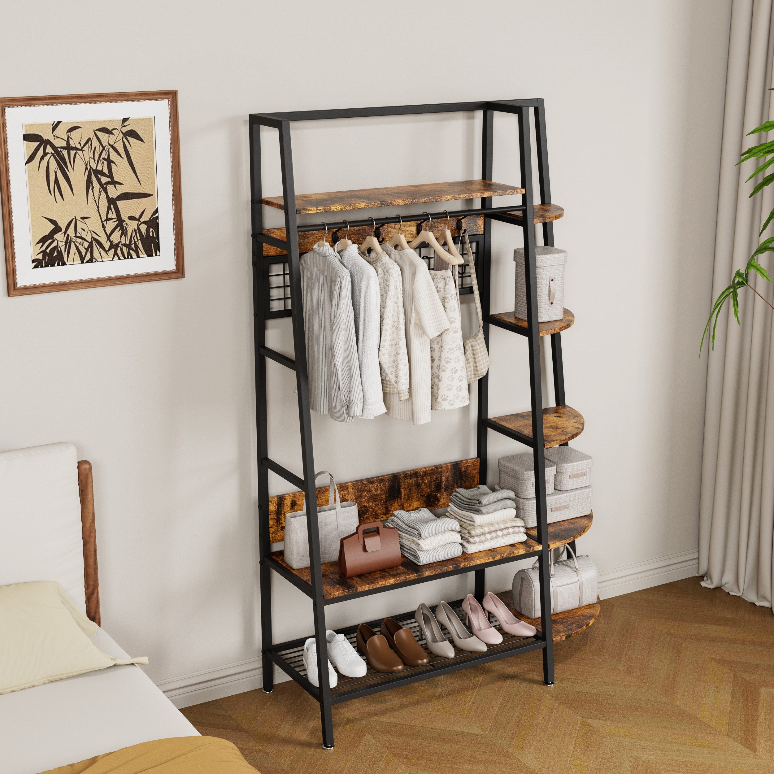 MODFU Kleiderständer Industrie-Garderobenständer, Retro Braun, freistehend, mit Regalböden, (Garderobenständer, 1 St., Vielseitiger Kleider- & Schuh-Organizer), Ideal für Schlafzimmer, Wohnzimmer & Homeoffice