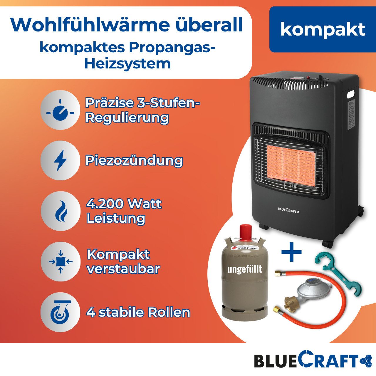 BlueCraft Heizstrahler PREMIUM Gasheizung Gasofen 4200 W Campingheizung Gas-Heizstrahler, 4200 W, 3-Stufen-Regulierung, Kompakt, Mobil, Mit Gasdruckregler + Schlauch