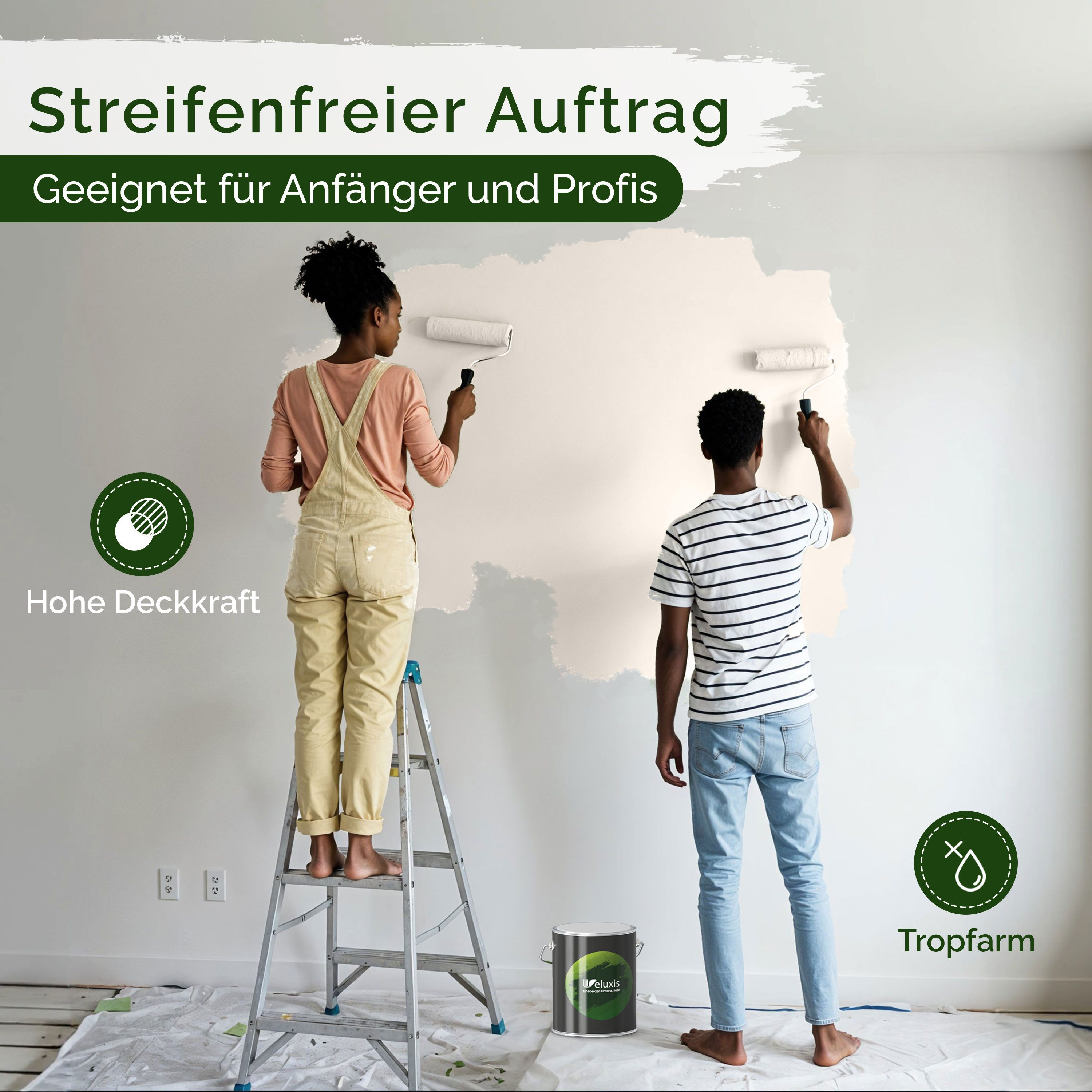 Veluxis Wandfarbe Veluxis® Edle Wandfarbe, für den Innenraum - Deckkraft-Klasse 1, Streifenfrei & tropfarm