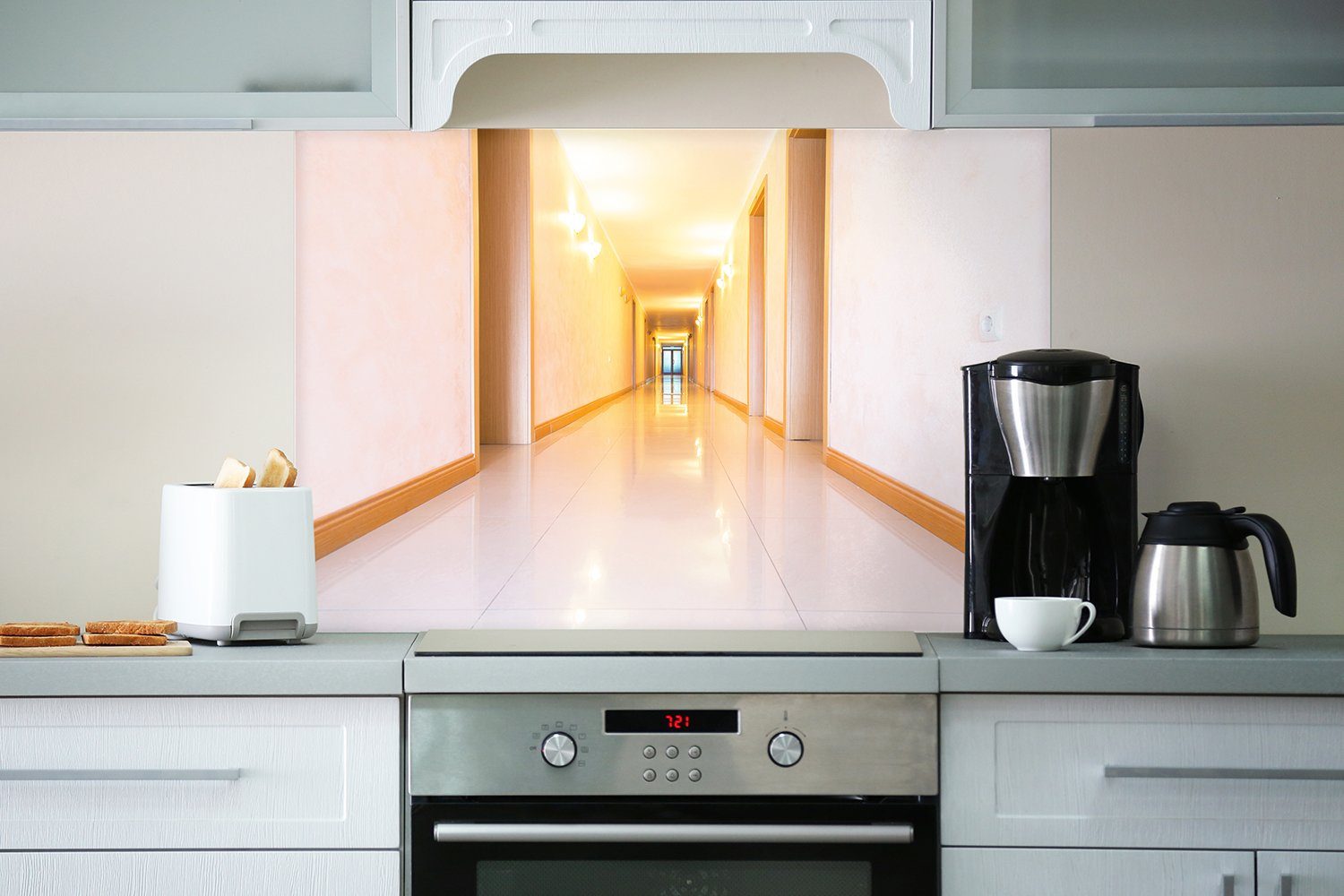 goldenem Strahlend Küchenrückwand Flur Licht und weißen mit Wallario Wänden, (1-tlg) sauberer