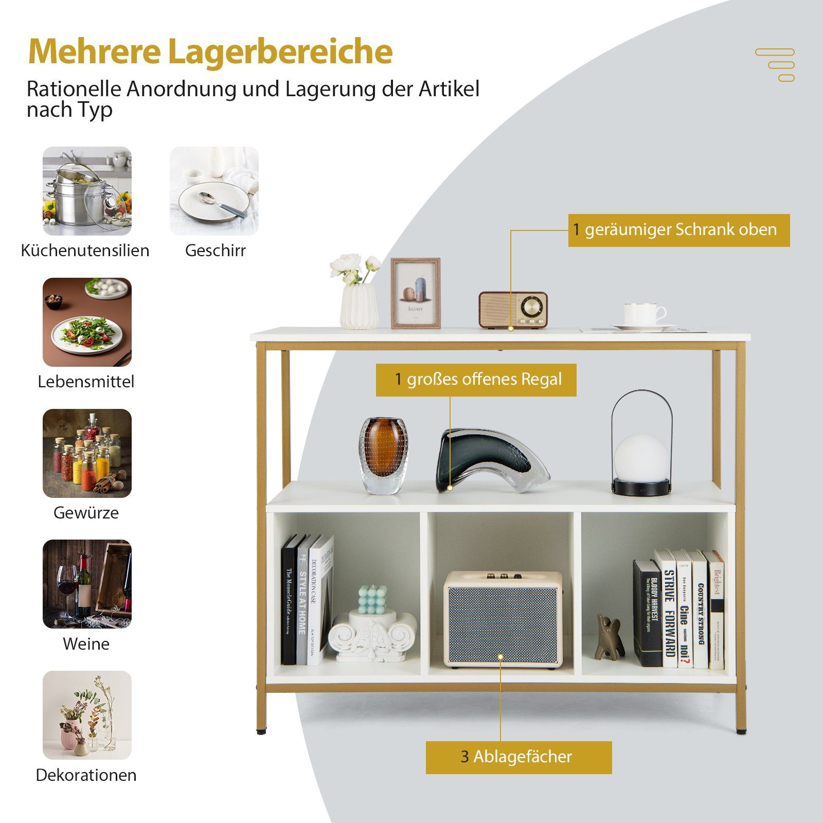 COSTWAY Sideboard, Küchenschrank mit Stauraum, Regal & 3 Fächern,Holz,110cm