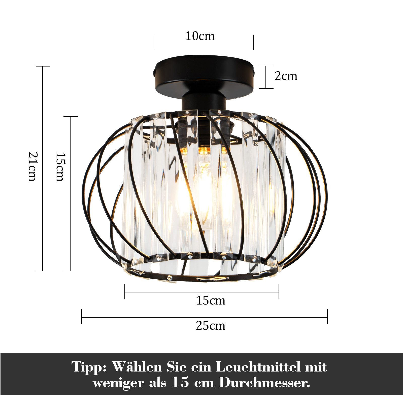 Nettlife Deckenleuchte retro Schwarz Kristall E27 1 Flammig Küchenlampe Metall, LED wechselbar, Innen Deckenbeleuchtung für Korridor Balkon flur küchen – Bild 5 von 5