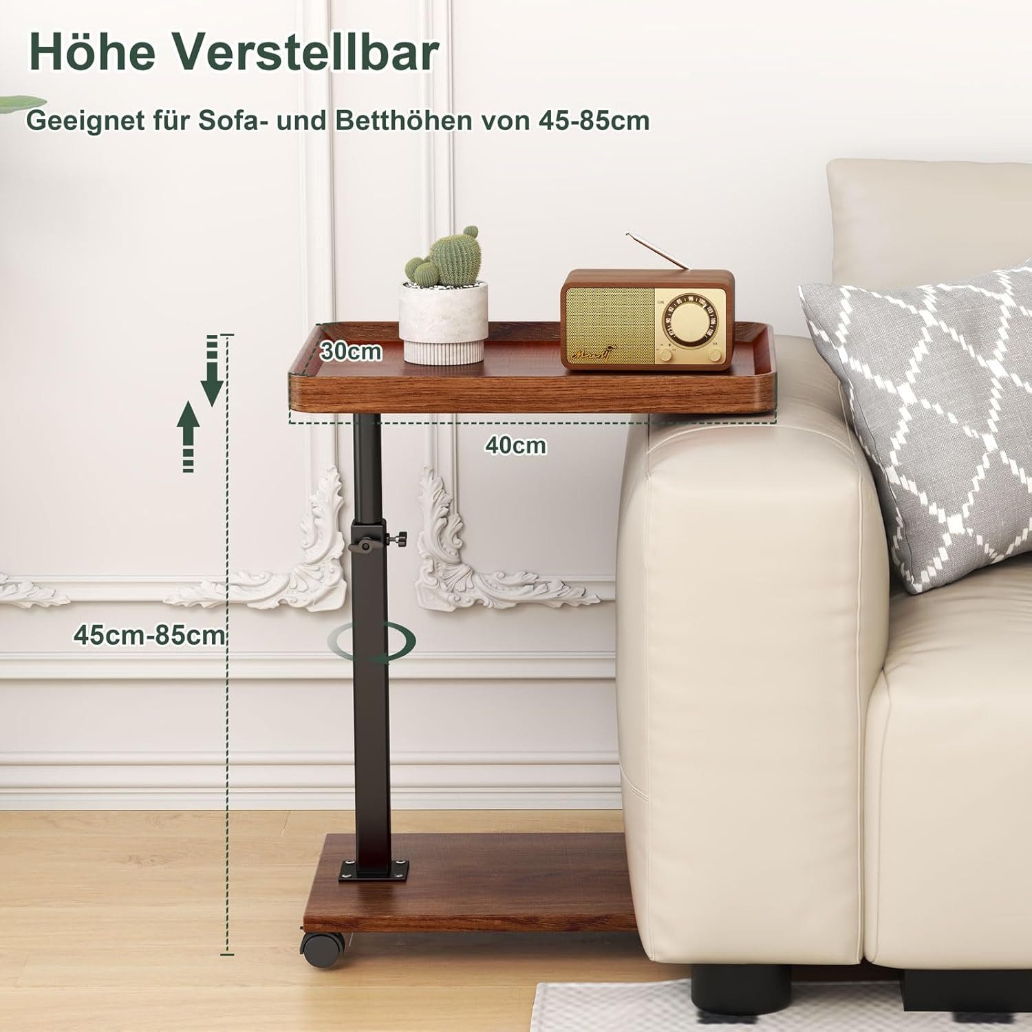 Refined Living Beistelltisch Verstellbarer C-förmiger Beistelltisch,Couchtisch,Sofatisch mit Rollen (Höhenverstellbar 45–80 cm, mit 360° drehbar, Couchtisch klein, Nachttisch flexibel, Tisch unter Sofa schiebbar, Arbeitsplatz, Sofa Beistelltisch, platzsparend, stabil, mobil, Einfache Montage, 1-St., Zwei Ebenen Stauraum, Wohnzimmertisch mobil, 360° drehbarer Couchtisch), für Sofa,Bett,Stuhl,Familien,Wohnzimmer,Schlafzimmer,Büro,Wohnung