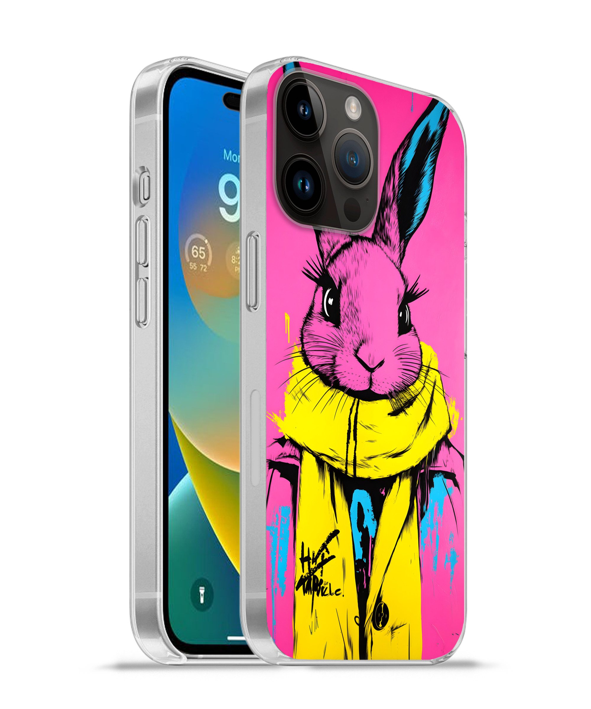 MuchoWow Handyhülle für Apple iPhone 14 Pro Kaninchen - Hellrosa - Schal - Abstrakt, Smartphone-Bumper, Print, Handy Schutzhülle Dünn