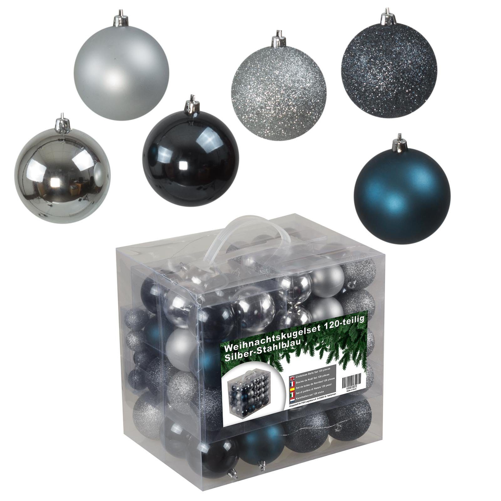 FSH Silber/Stahlblau Farbe verschiedene Glitzernd, Außenbereich, Christbaumkugeln für Tannenschmuck 120 Weihnachtsbaumkugel Weihnachtskugeln Innen- Matt, (120 St), Glänzend und