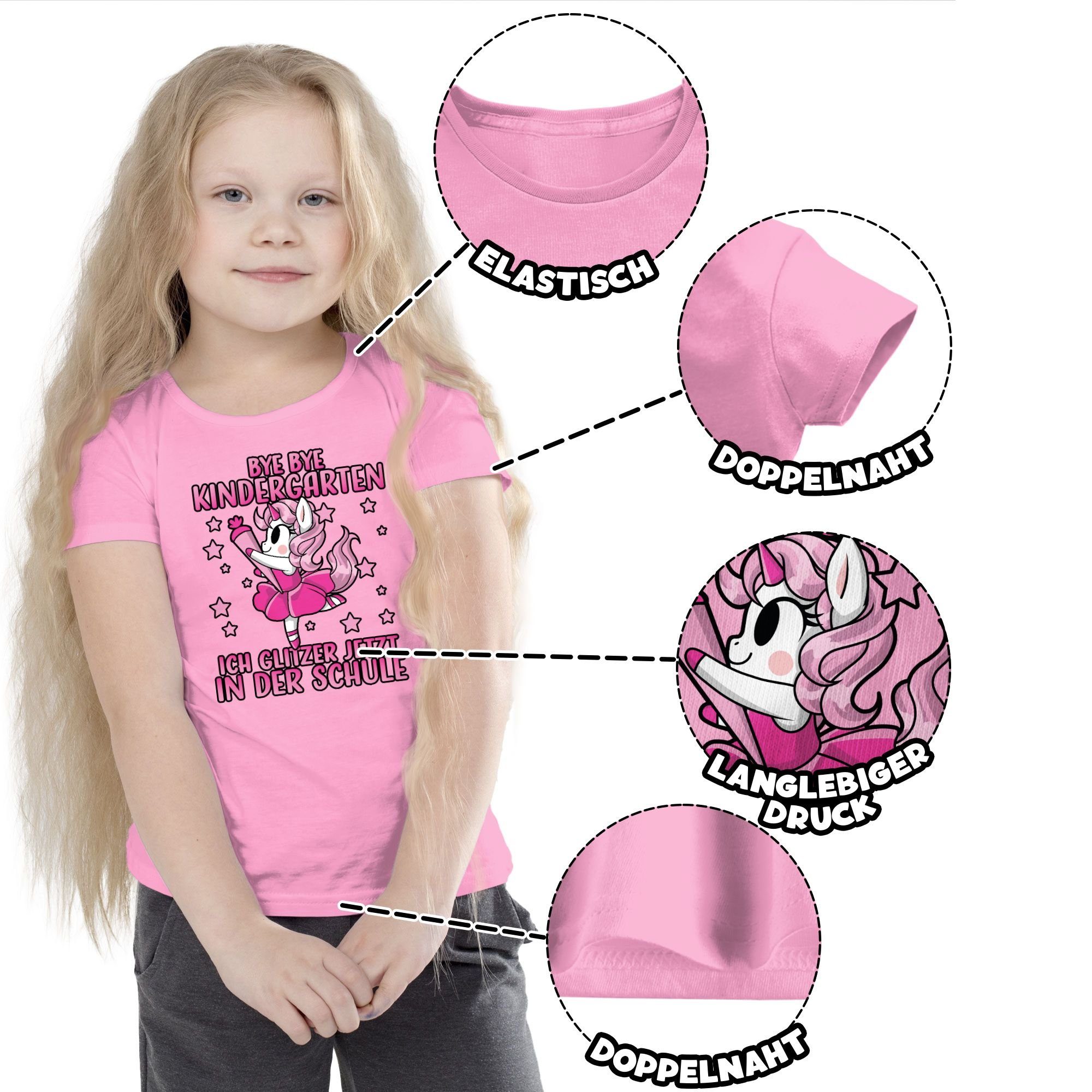 Shirtracer Rosa mit der Einschulung jetzt Einhorn Schule Mädchen in Kindergarten Bye Bye ich Pin 2 T-Shirt glitzer -