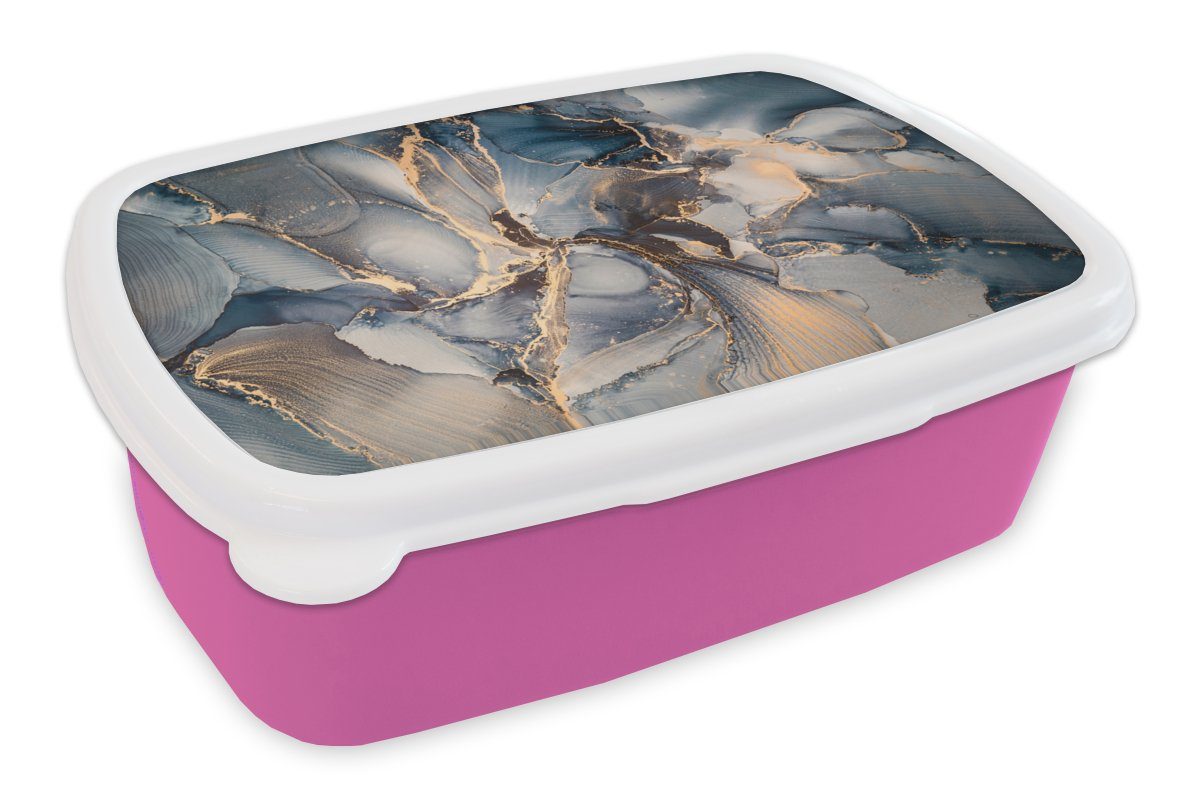 MuchoWow Lunchbox Marmor - Grau - Blau - Luxus - Gold, Kunststoff, (2-tlg), Brotbox für Erwachsene, Brotdose Kinder, Snackbox, Mädchen, Kunststoff rosa