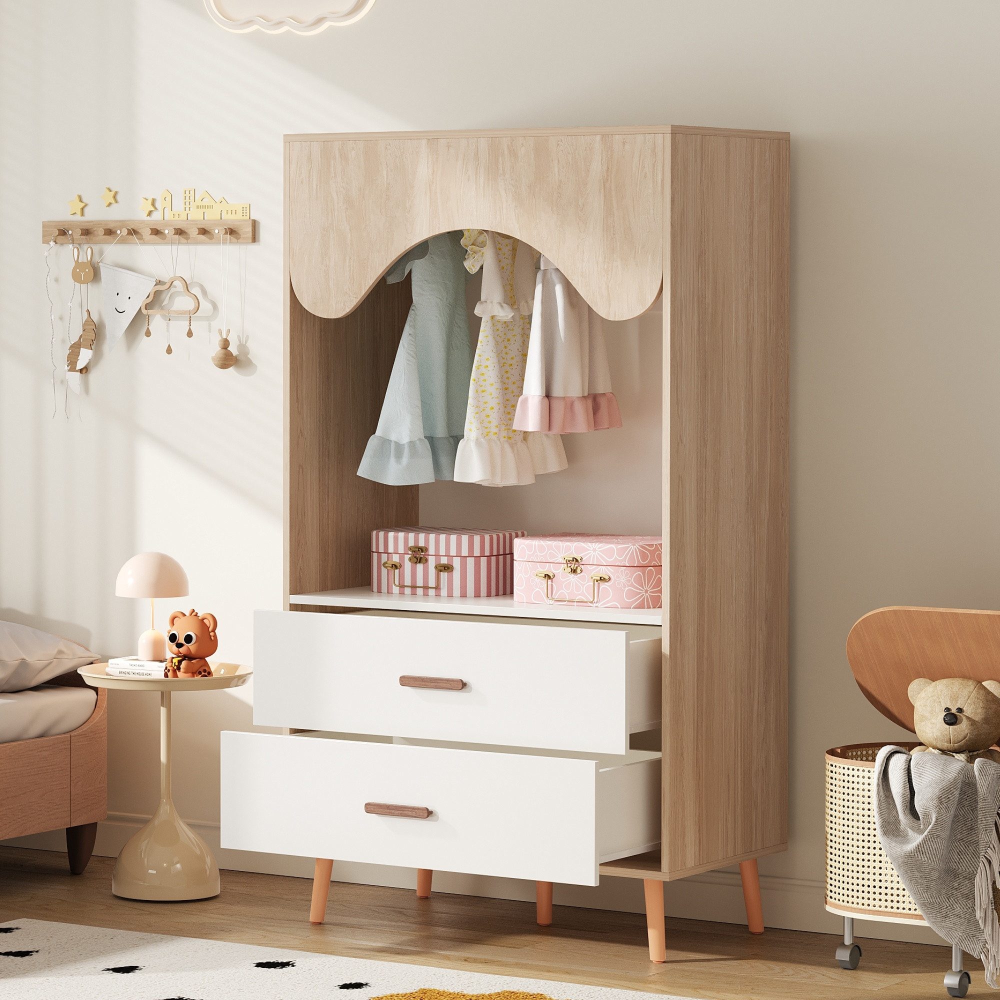 BlingBin Kleiderschrank Kinderkleiderschrank Garderobenschrank Wäscheschrank mit Kleiderstange (Offener Aufbewahrungsschrank mit 2 Schubladen, Vollholzgriffen, 1-St., Maße: 80 x 46 x 141,5 cm, Schubladen Tragfähigkeit: 15 kg/Stück) Eckkleiderschrank für Schlafzimmer, Spanplatte, Weiß+Natürliches Holz