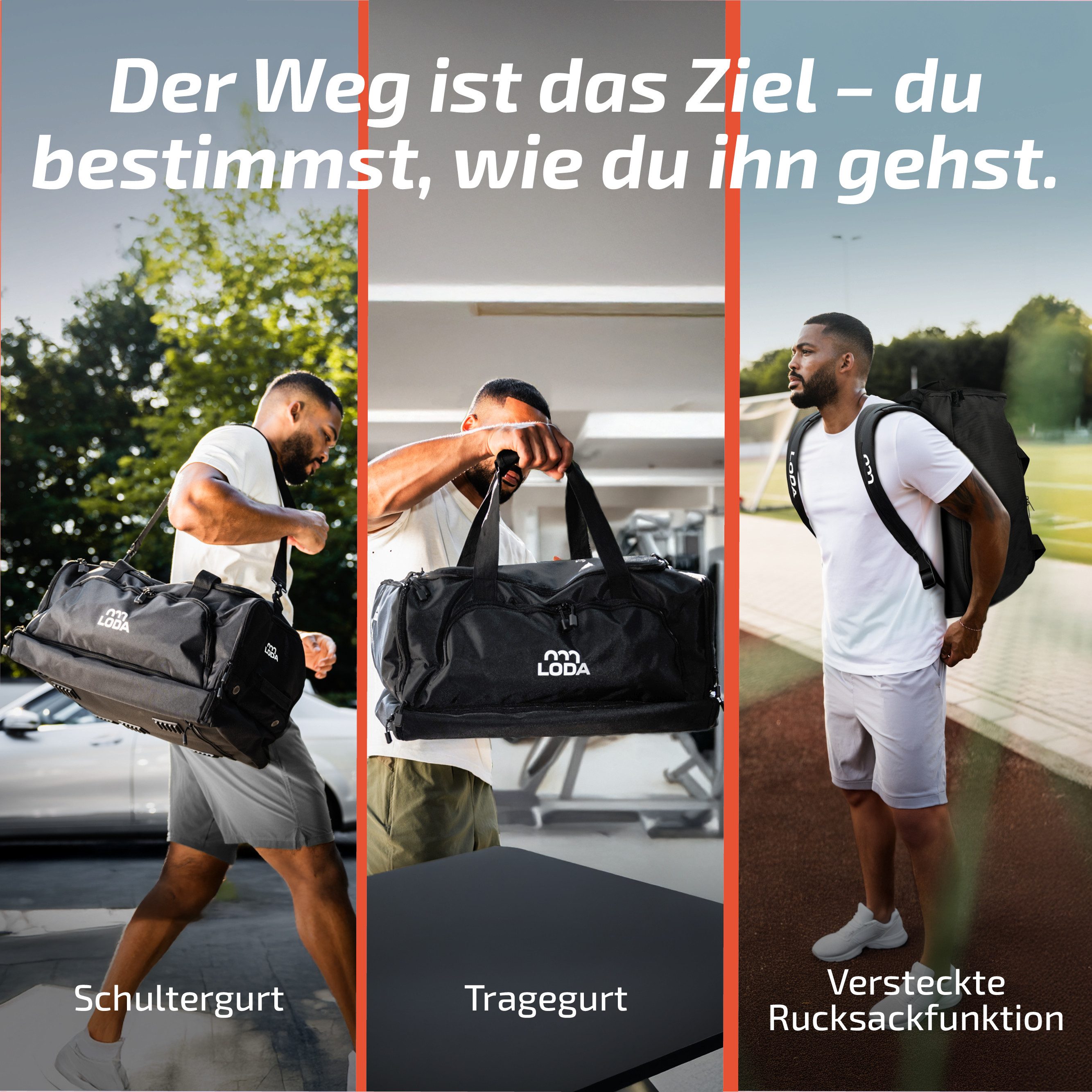 LODA sports Sporttasche compact 48L - Trainingstasche mit Rucksackfunktion & Schuhfach, 50 cm (L) x 30cm (B) x 32cm (H), 48 Liter Volumen