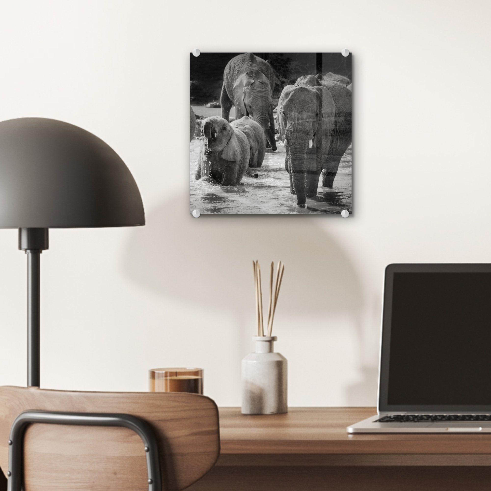 auf MuchoWow - St), Acrylglasbild - auf Schwarz - Tiere - und Glas Glasbilder Wandbild Wanddekoration Wasser - weiß, Elefant (1 Foto - Bilder Glas