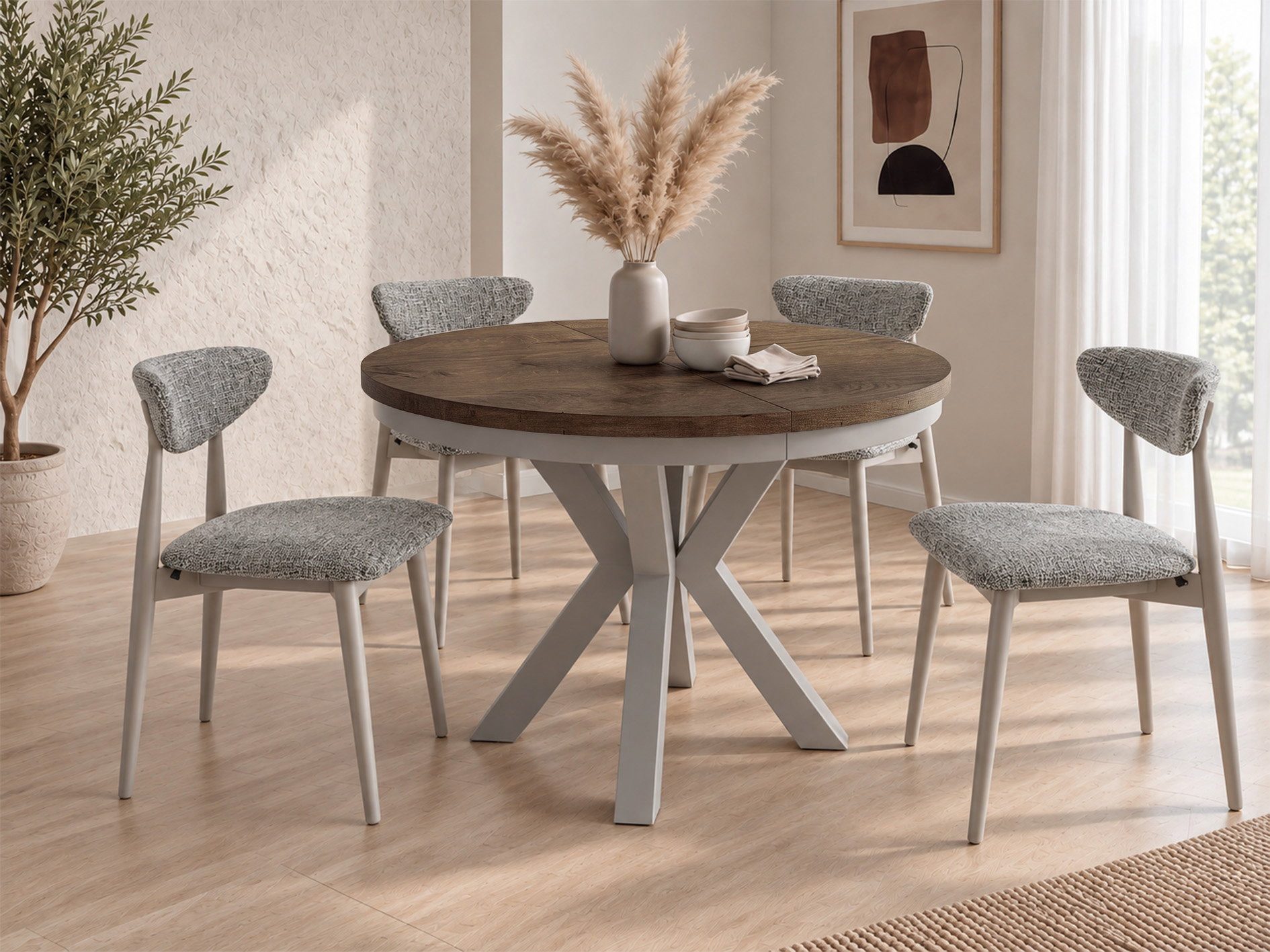 WFL GROUP Esstisch Clara Grau-Beige Loft rund ausziehbar mit Grau-Beige Metallbeinen (MADE IN EU, erhältlich in zwei Größen – 100/120 cm, ausziehbar auf 180/200 cm), platzsparender Industrial Tisch in Holzoptik für Wohnzimmer oder Küche