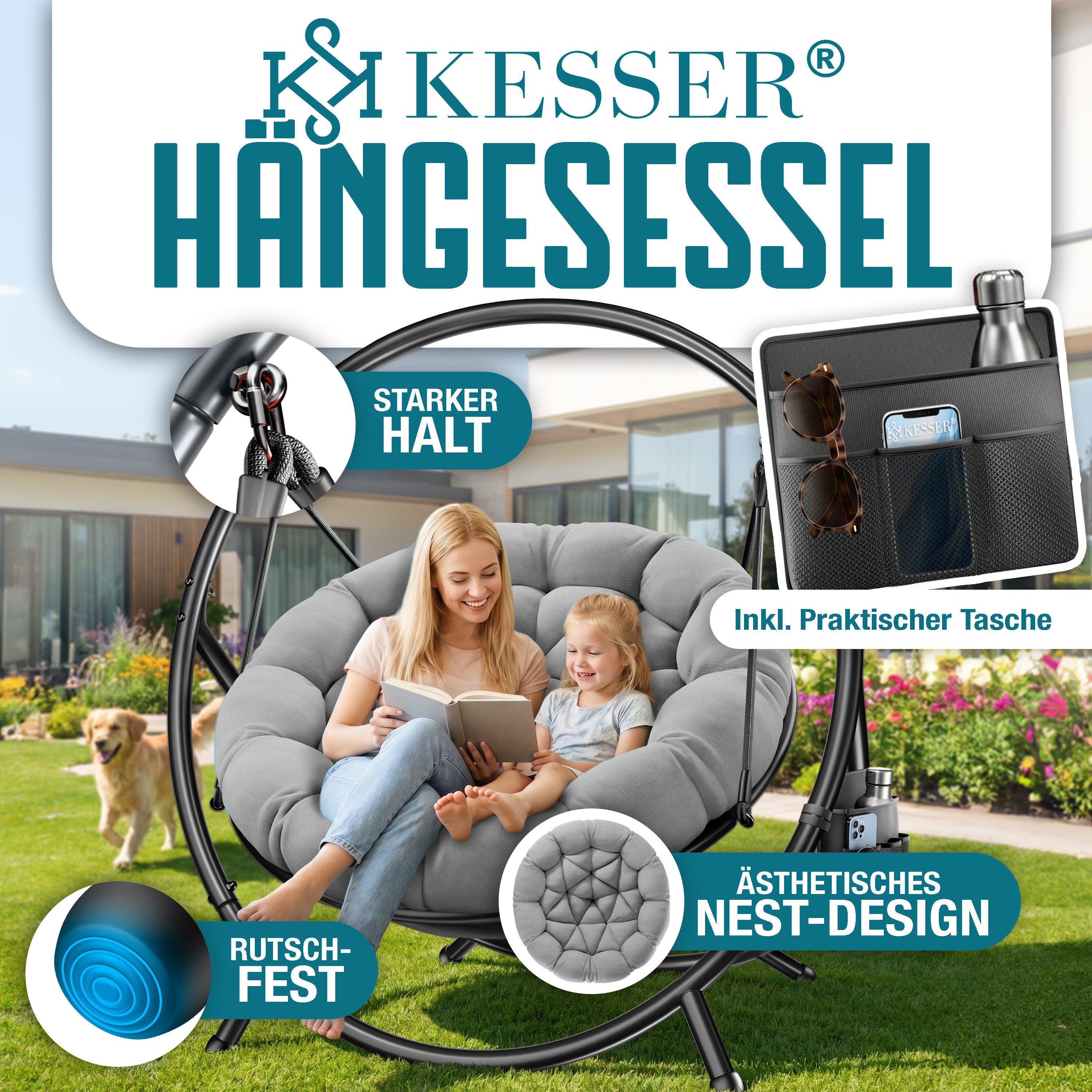 KESSER Hängesessel Bali Hängesessel mit Gestell Hängeschaukel Hängestuhl bis 150kg (mit Wipp Funktion, Kissen & Seitentasche), Hängekorb Stahlgestell Schaumstoff Sitzpolster für Wohnzimmer & Garten