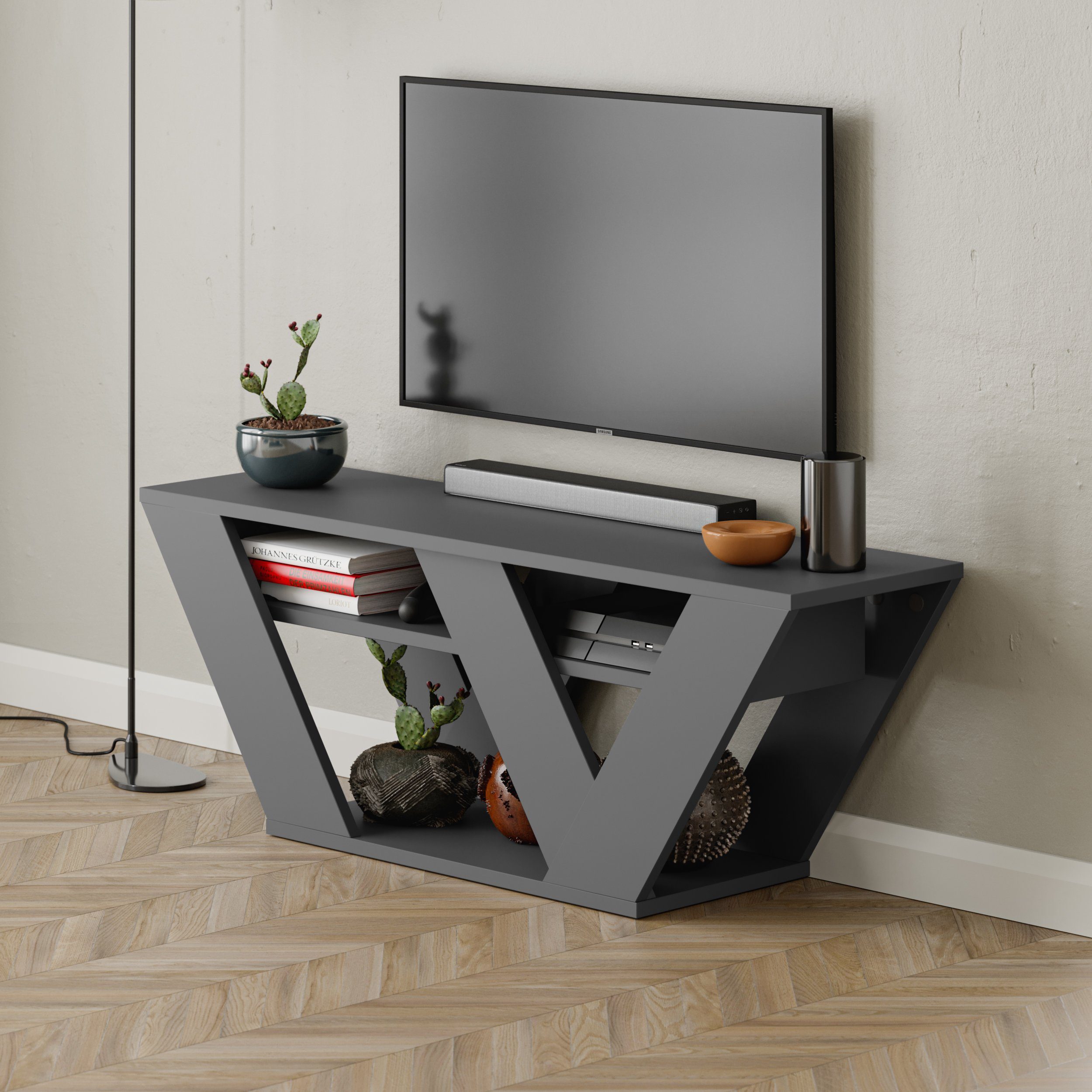 Decortie TV-Schrank Pipralla Moderner TV-Ständer Multimedia Mit Einlegeböden, 110 x 30 x 40 cm – Bild 4 von 5