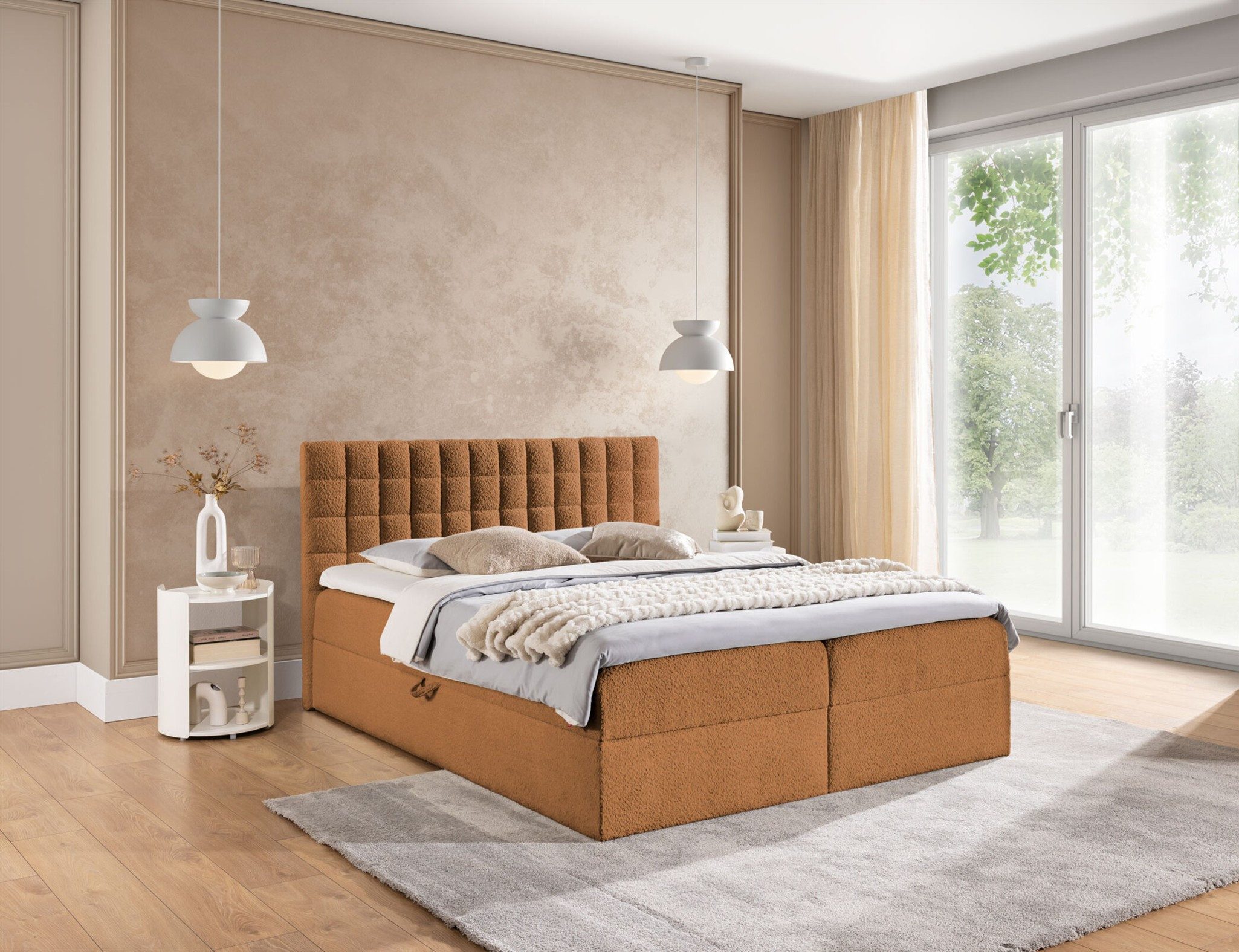 Fun Möbel Boxbett Schlafzimmerbett TORIBO Überlänge Stoff Coral (220cm) (inkl. Bettkasten, inkl. Bonellfederkernmatratze), inkl. Kaltschaumtopper