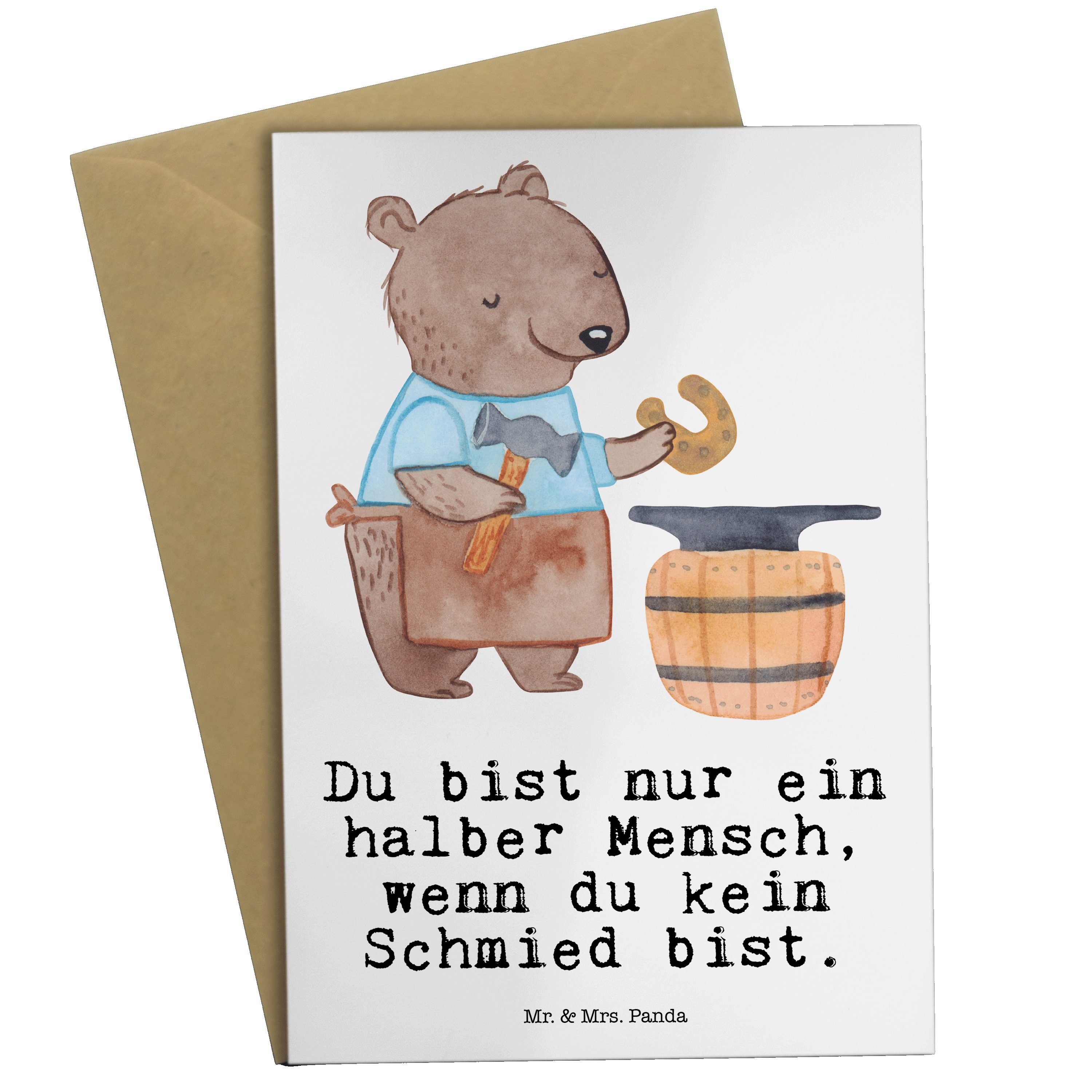 Mr. & Mrs. Panda Grußkarte Schmied mit Herz - Weiß - Geschenk, Klappkarte, Kollege, Schenken, Ge