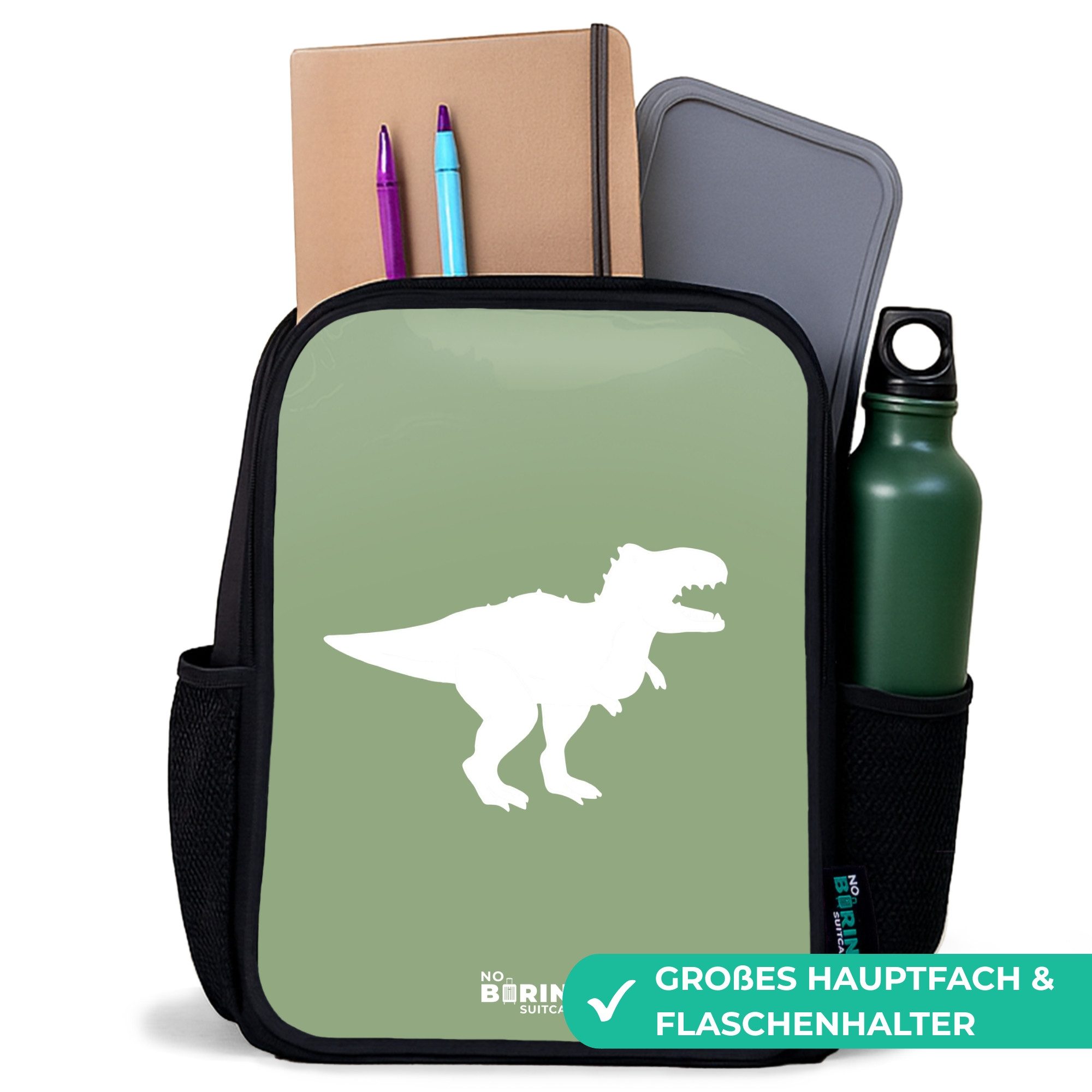 NoBoringSuitcases.com© Rucksack Grün mit T-Rex-Dino, Kinderrucksack Schwarz, Schulrucksack, Freizeitrucksack Jungen Mädchen