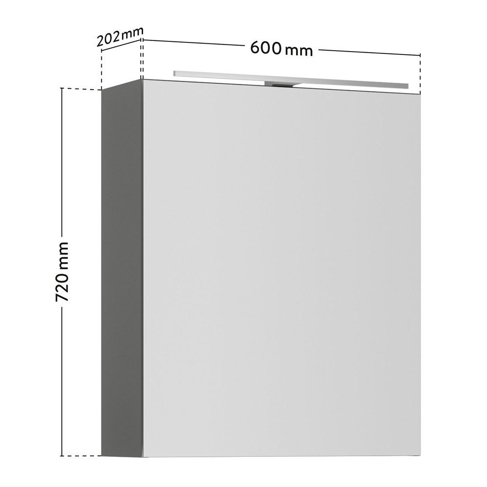 PALERMO-136-GREY LED breit Spiegelschrank Lomadox grau edelstahlfarben 60cm mit cm 60/72/21 Aufsatzleuchte