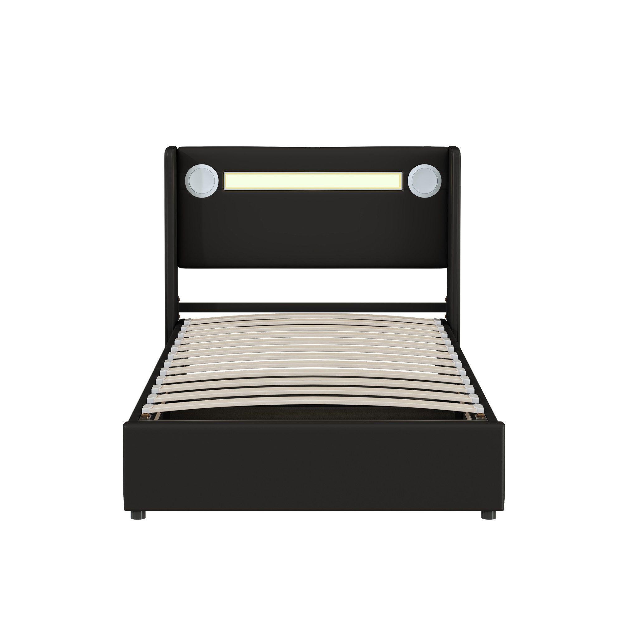 MC Star Bett Polsterbett Kinderbett Bett mit LED-Lichtleiste (Bluetooth-Player und USB-Aufladung, PU-Leder-Aufbewahrungsbett, Hochbettkasten, Jugendbett mit Lattenrost)