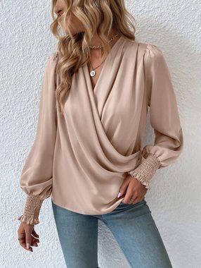 Opspring Satinbluse Damen V-Ausschnitt Bluse Elegant bluse Laterne Langarm Tunika Bluse