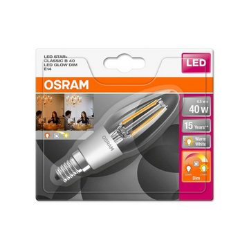 Osram LED-Leuchtmittel Osram LED E14 B40 Kerzenform KLAR 4,5W=40W Warmweiß 2200-2700K DIMMBAR, E14, Warmweß