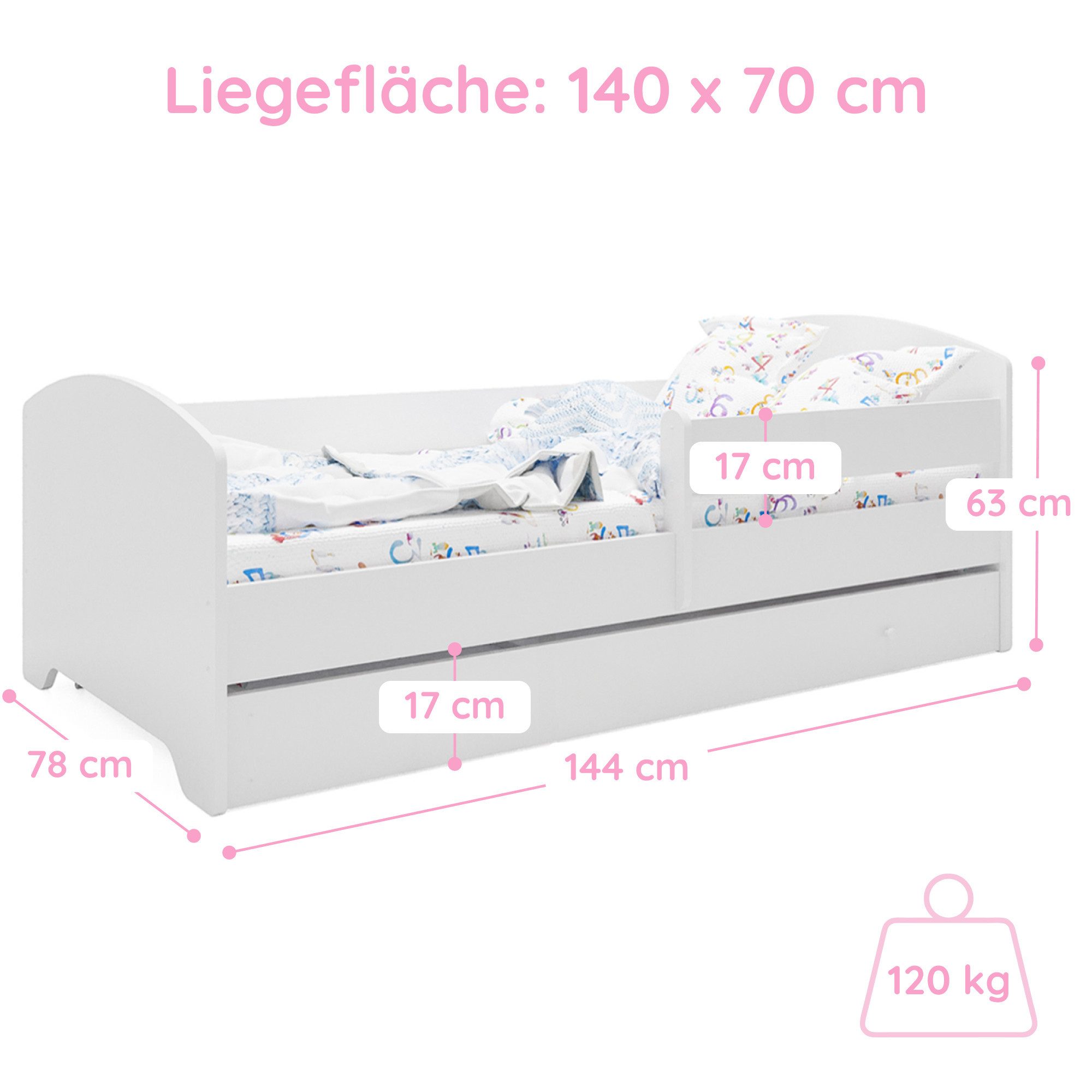 Kids Collective Kinderbett 70x140 / 80x160 cm Komplettset mit Matratze & Schublade (Bett für Jungen und Mädchen, Einzelbett für Kinder von 2 - 10 Jahren), komplettes Set mit Prinzessin Motiv für Jungen und Mädchen 70x140 cm