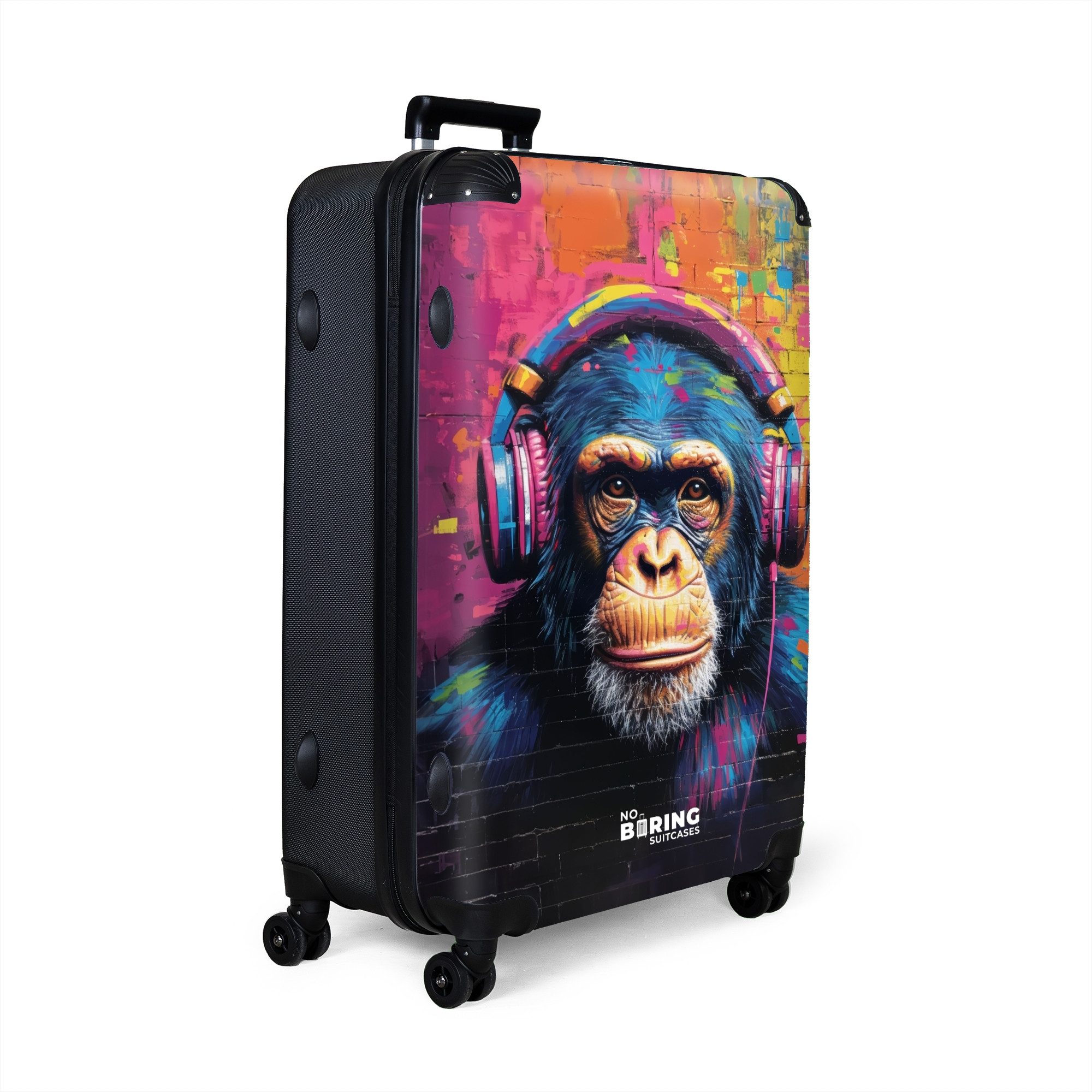 NoBoringSuitcases.com© Hartschalen-Trolley Buntes Äffchen mit Kopfhörern günstig online kaufen