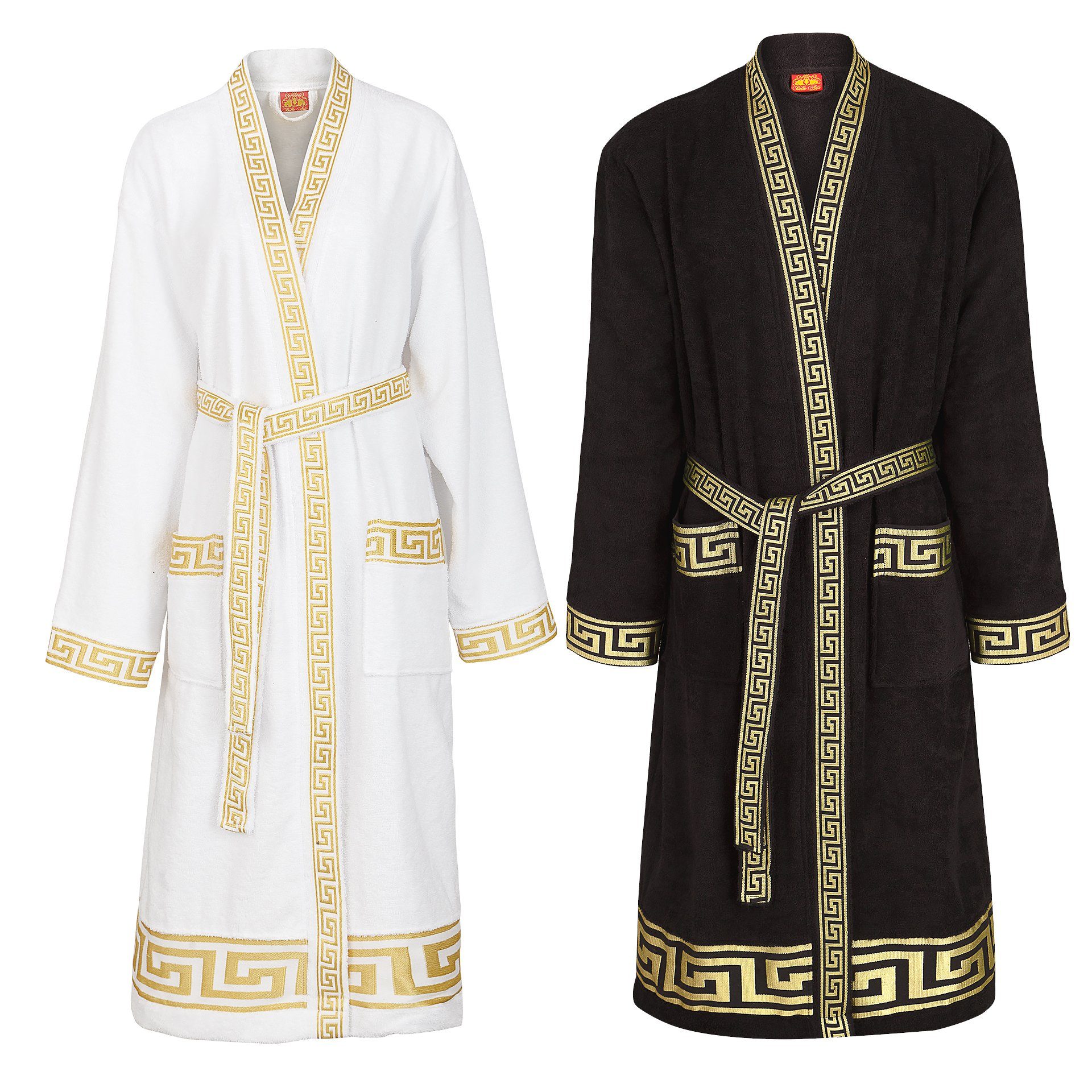 Belle Arti Bademantel Bademantel Damen Herren Mäander schwarz weiss gold - 100% Baumwolle, Kimono-Kragen, Gürtel, Kimono, Hausmantel, Morgenmantel, Boxermantel, weich, saugfähig